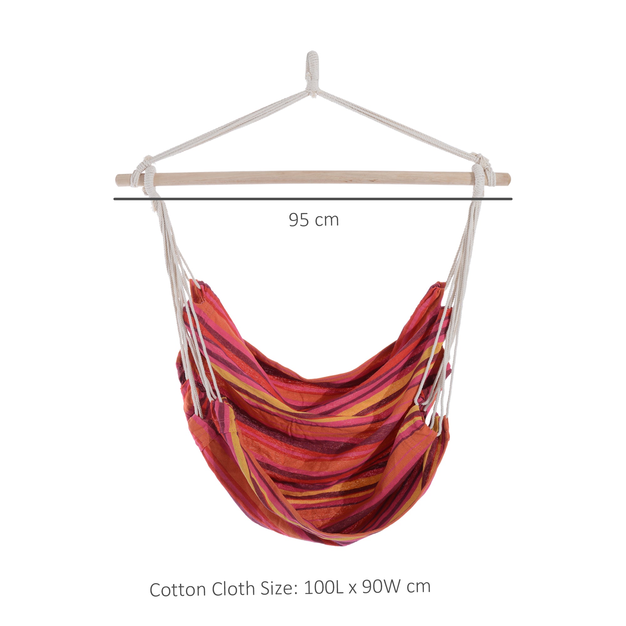 Outsunny Outdoor Hanging Rope Chair with Cotton Rope, Garden Hammock Chair with Wooden Support Bar Cotton Cloth, Portable Garden Chair for Patio & Tree, Red - North Peak Garden Furniture