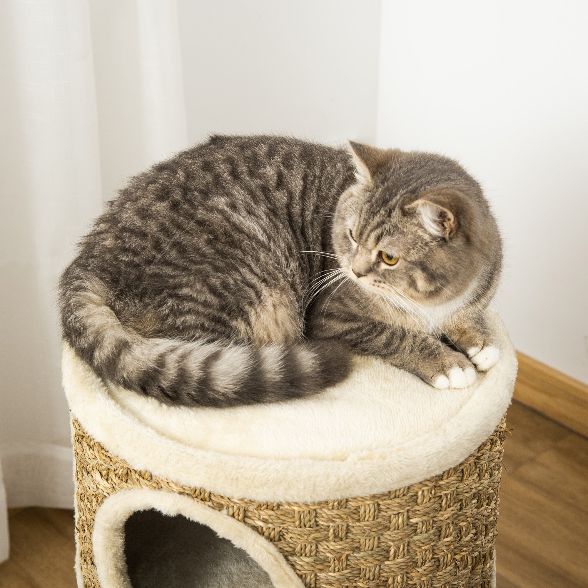 PawHut Cat Scratching Barrel Kitten Tree Tower for Indoor Cats Pet Furniture Climbing Frame Covered with Sisal and Seaweed Rope Cozy Platform Soft Plush - North Peak Garden Furniture