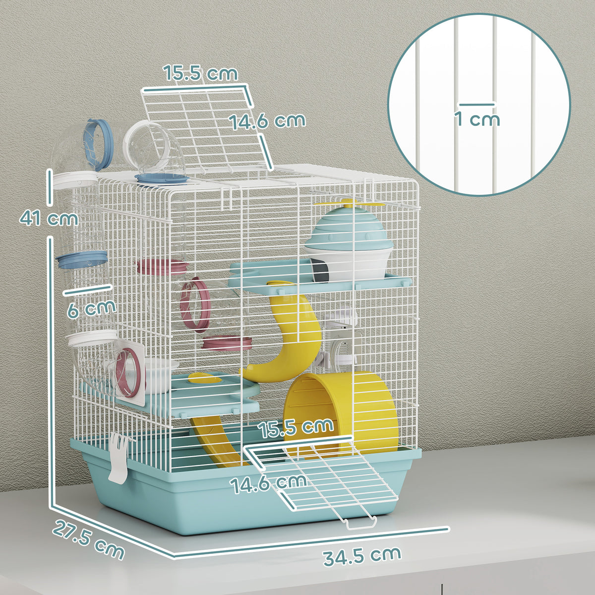 PawHut 3-Level Hamster Cage with Exercise Wheel, Water Bottle, Food Bowl, for Dwarf Hamsters, 34.5 x 27.5 x 41 cm, Blue
