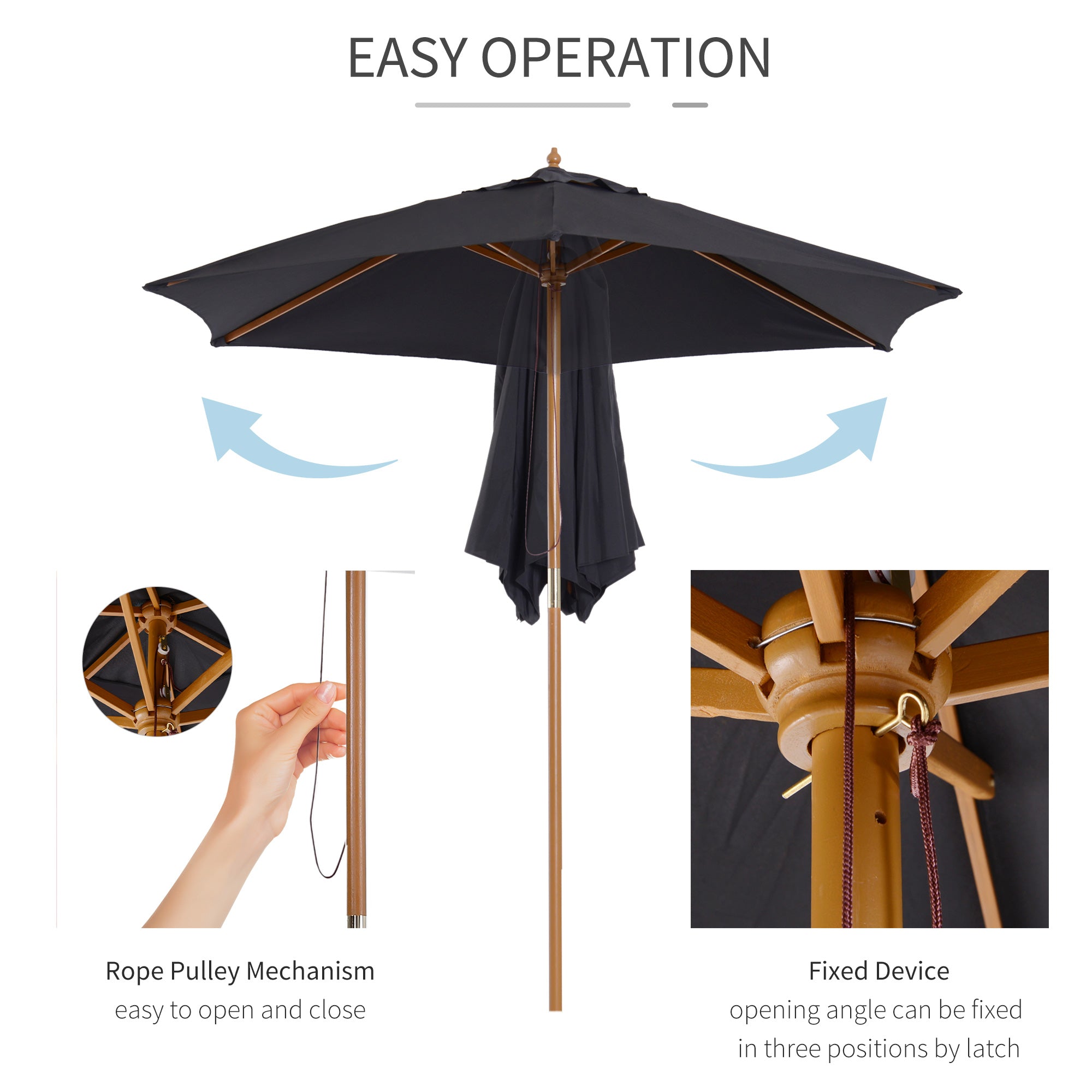 Outsunny Wooden Patio Parasol: 2.5m Outdoor Sun Umbrella, Weather-Resistant, Black