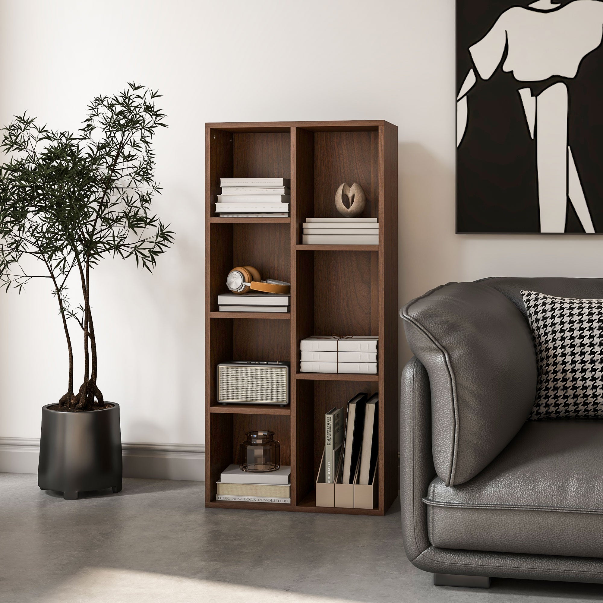 HOMCOM Seven-Cube Bookcase - Walnut Wood Effect - North Peak Garden Furniture