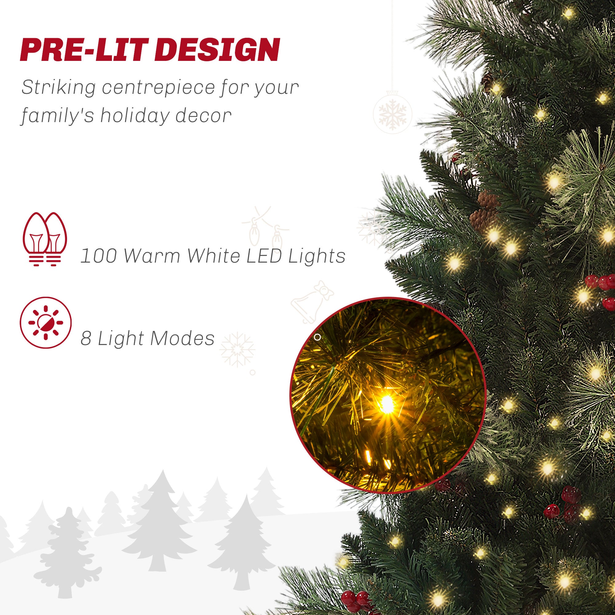 HOMCOM 1.2m/4ft Artificial Christmas Tree with 100 Warm White LED Lights and 8 Modes, Small Xmas Tree with Red Berries, Pine Cones and Retro Base, Green - North Peak Garden Furniture