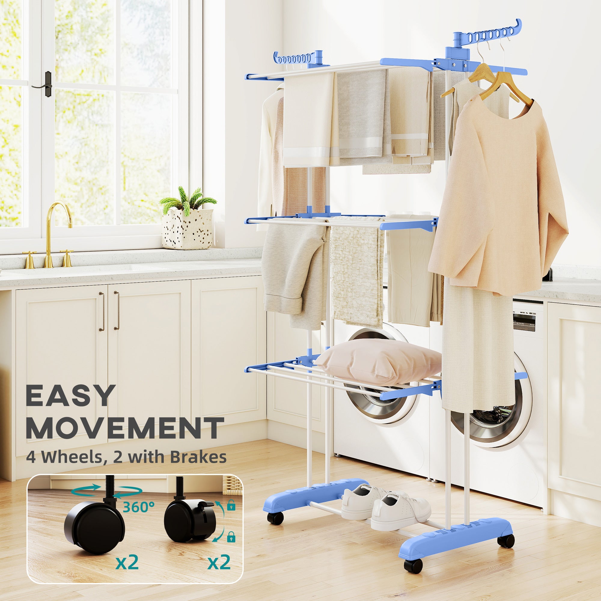 HOMCOM Foldable Clothes Drying Rack, 4-Tier Steel Garment Laundry Rack with Castors for Indoor and Outdoor Use, Blue