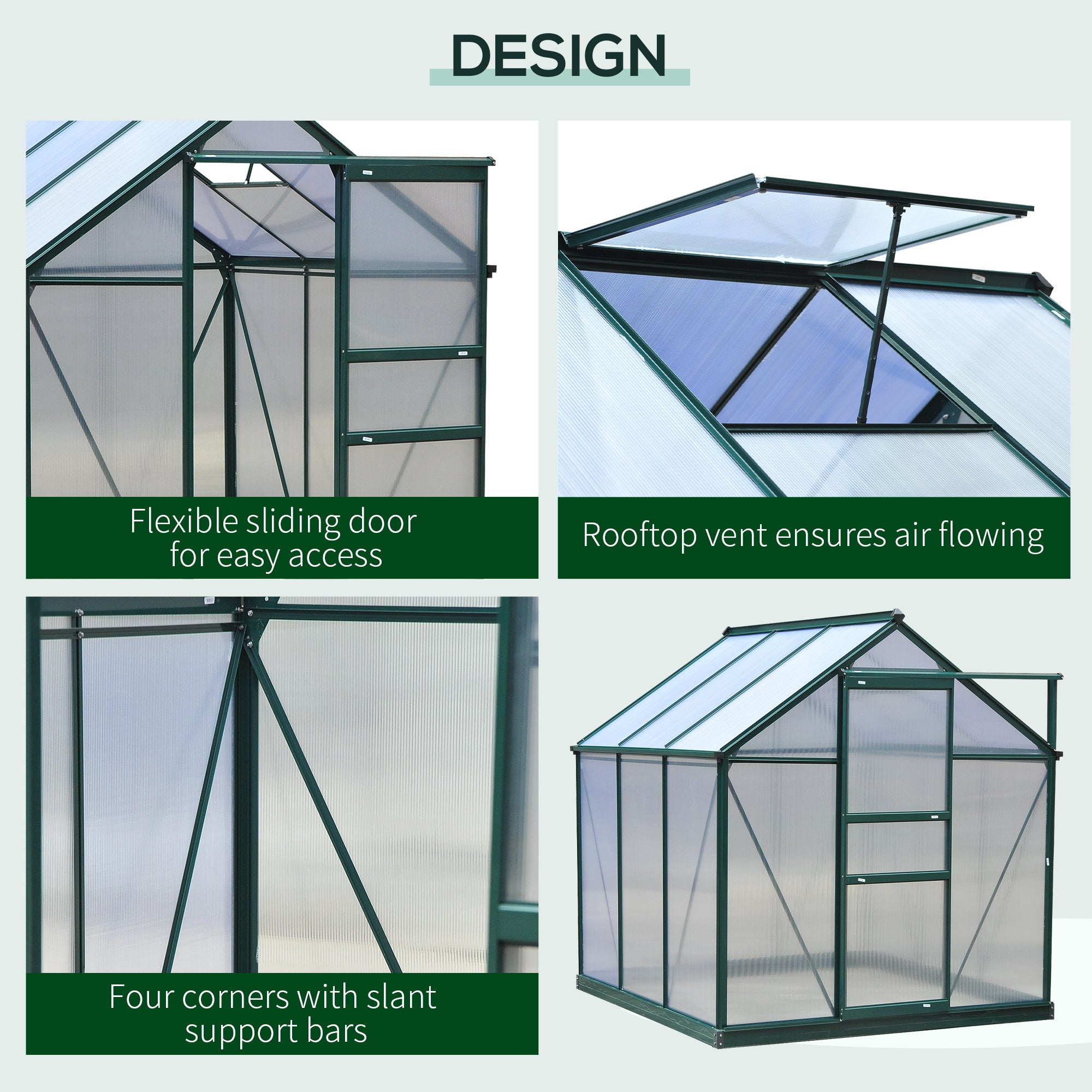 Outsunny 6 x 6ft Polycarbonate Greenhouse, Large Walk-In Green House with Slide Door and Window, Garden Plants Grow House with Aluminium Frame and Foundation, Dark Green - North Peak Garden Furniture