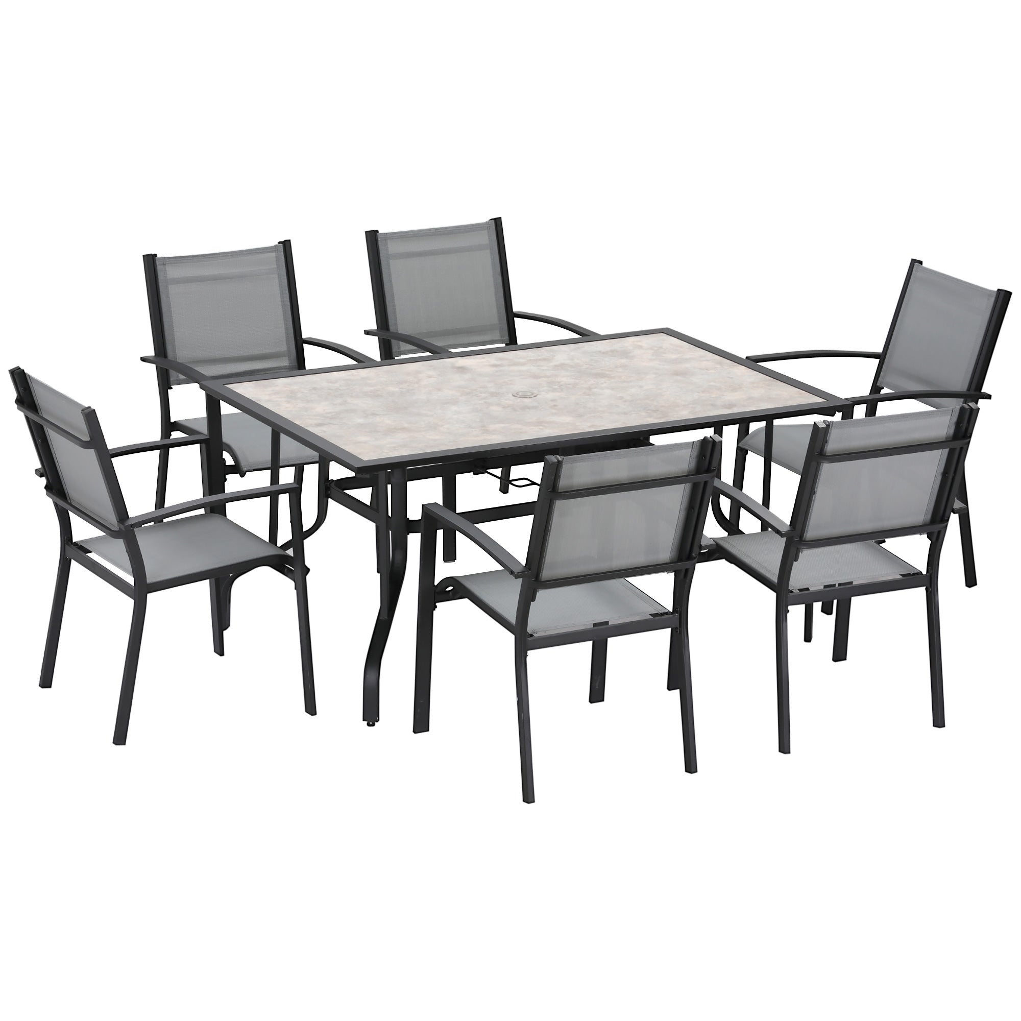 Outsunny 7 Pieces Garden Dining Set, 6 Seater Garden Table and Chairs with Parasol Hole, Outdoor Furniture Armchairs and Stone-like Plastic Top Table with Breathable Mesh Fabric Seat, Grey