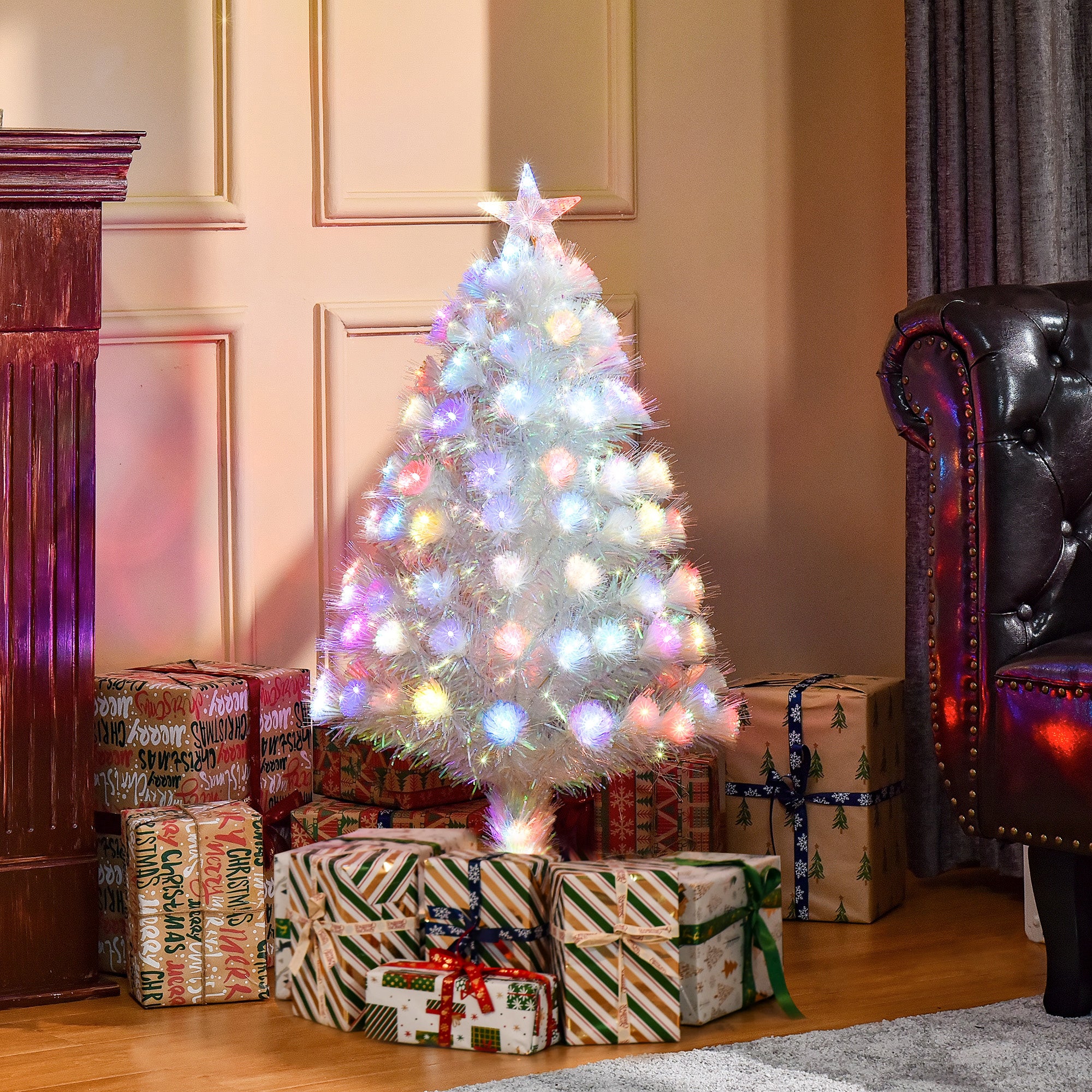 HOMCOM 3FT Pre-Lit Artificial Christmas Tree w/ Fibre Optic LED Lights Holiday Home Xmas Decoration-White - North Peak Garden Furniture