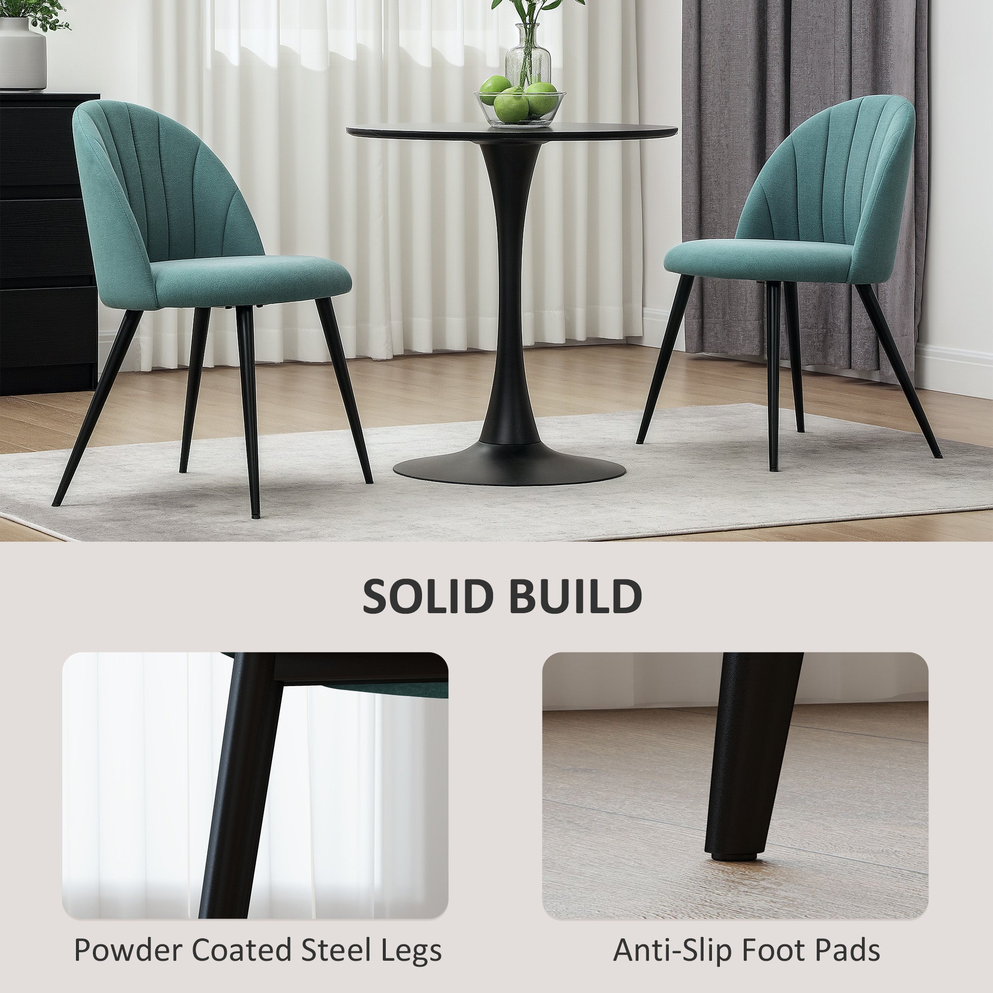 HOMCOM Velvet Dining Chairs Set of 2, Modern Upholstered Kitchen Chairs with Metal Legs, Shell Backrest and Padded Seat for Dining Room, Bedroom, Living Room, Vanity, Green - North Peak Garden Furniture