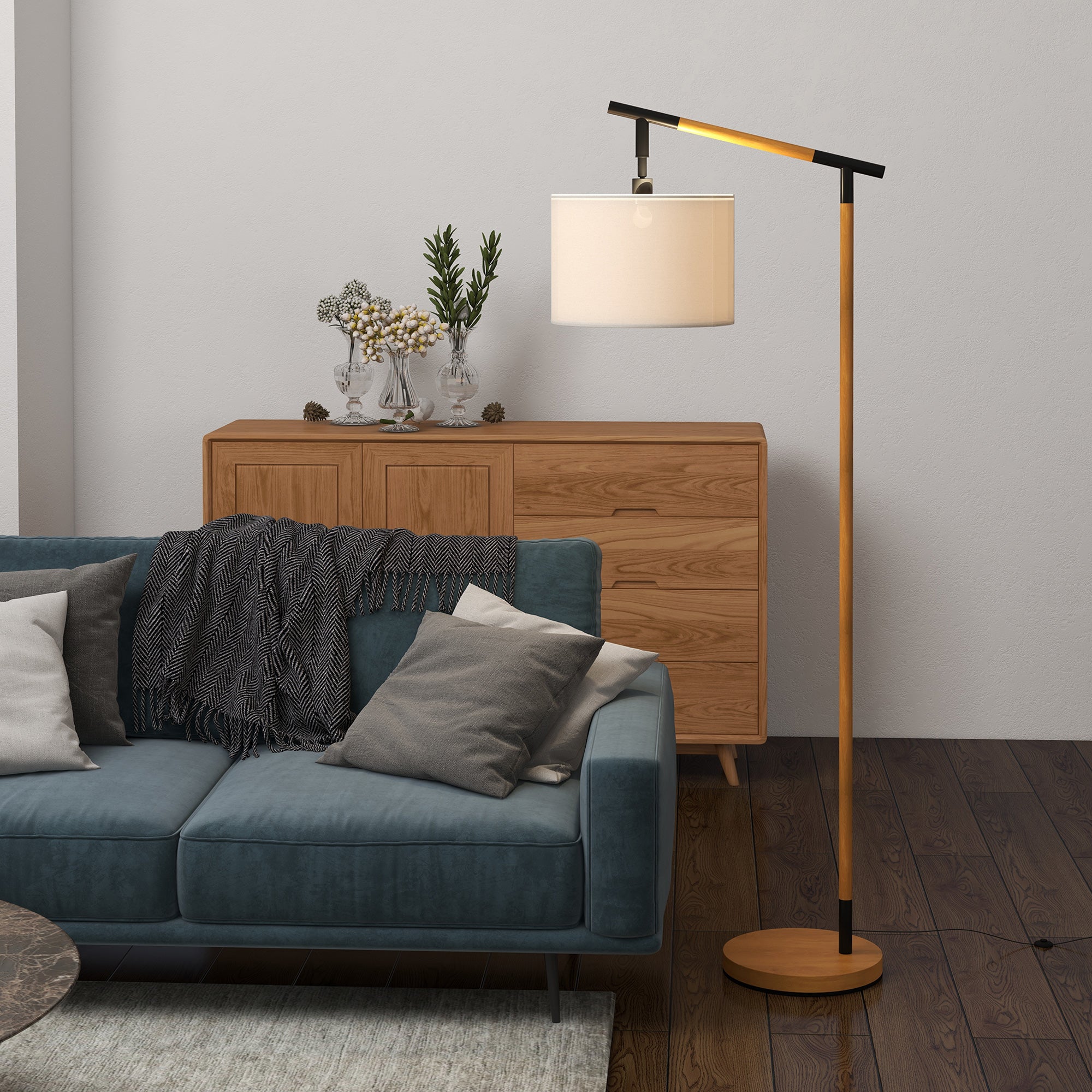 HOMCOM Metal Frame Floor Lamp with 350° Rotating Lampshade, for Living Room and Bedroom, LED Bulb Included, Brown - North Peak Garden Furniture