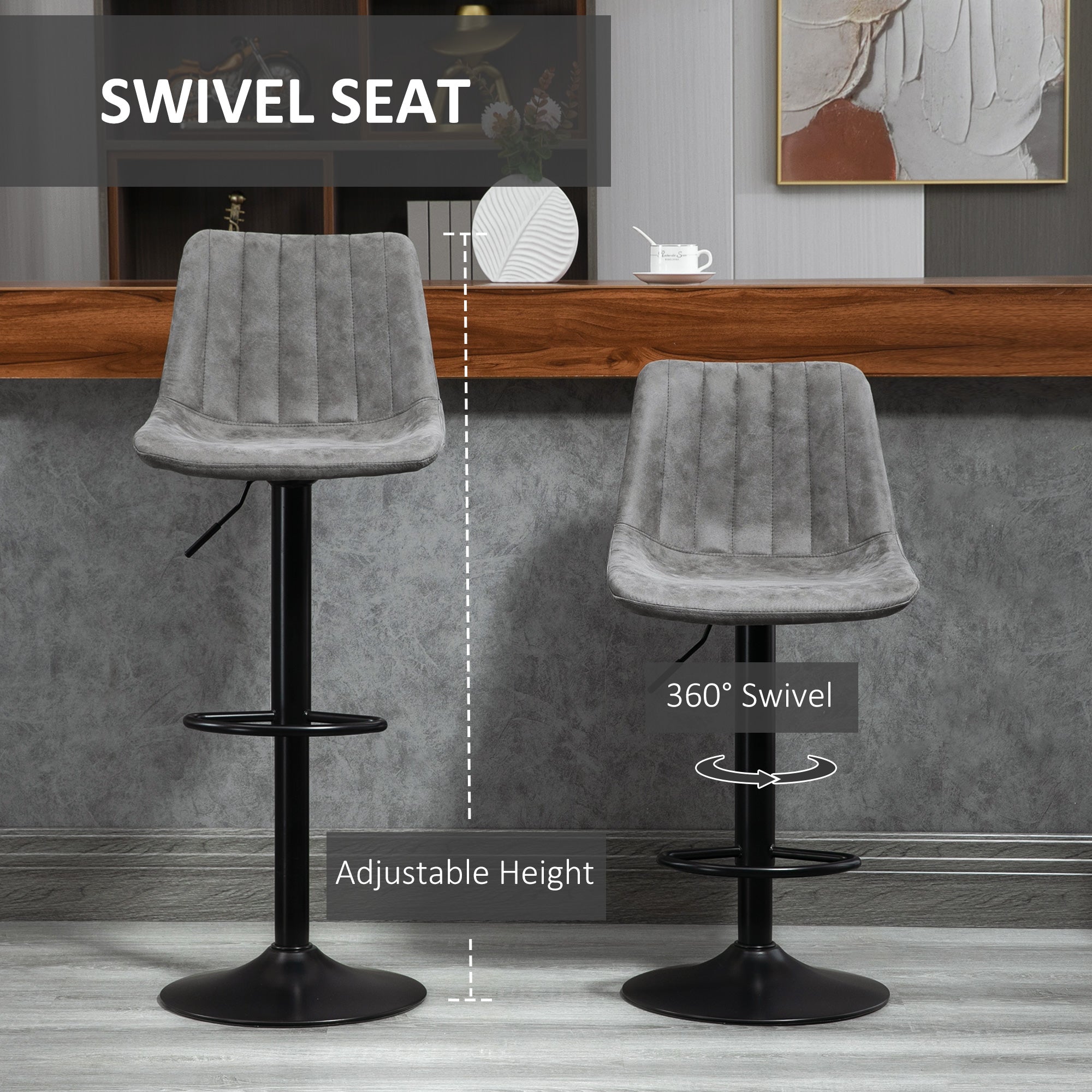 HOMCOM Adjustable Bar Stools Set of 2 Counter Height Barstools Dining Chairs 360° Swivel with Footrest for Home Pub, Grey - North Peak Garden Furniture