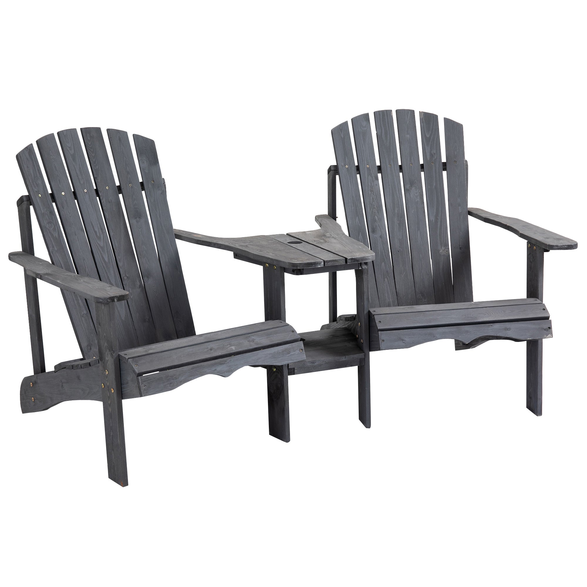 Outsunny Wooden Outdoor Double Adirondack Chairs Loveseat w/ Centre Table and Umbrella Hole, Garden Patio Furniture for Lounging and Relaxing, Dark Grey - North Peak Garden Furniture