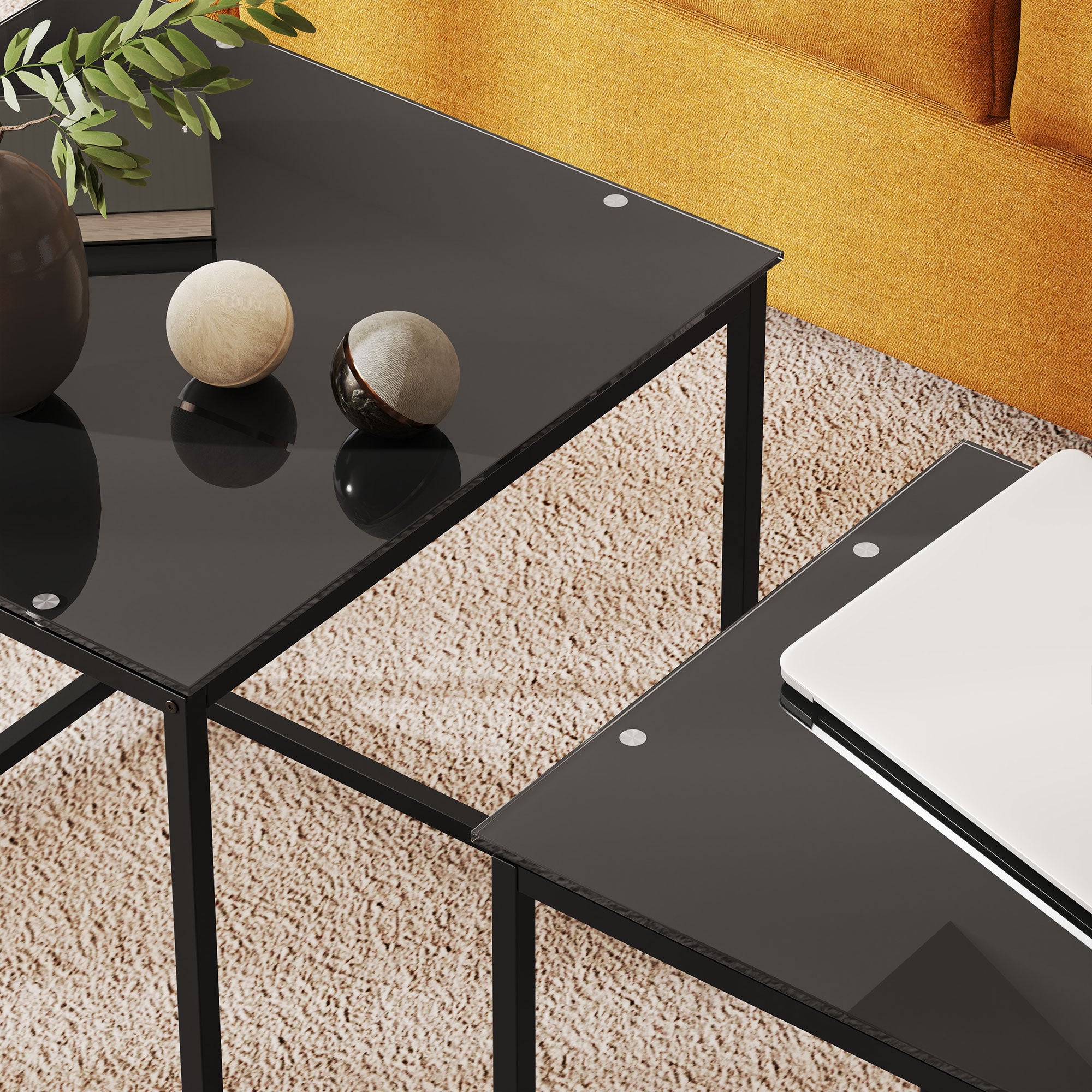 HOMCOM Nest of Tables, Set of 2 Coffee Table, Side Tables with Tempered Glass Desktop and Metal Frame for Living Room, Bedroom, Office, Black - North Peak Garden Furniture