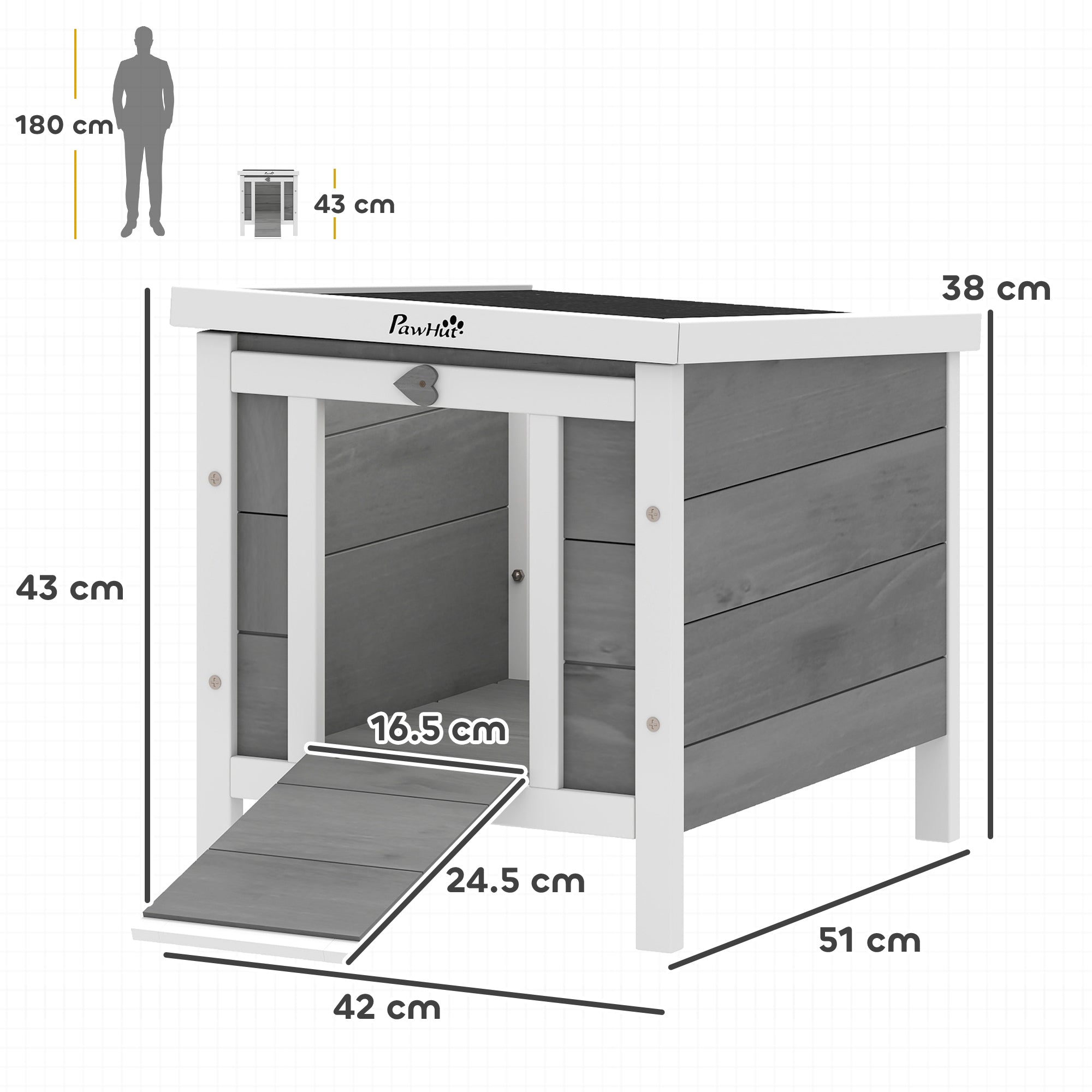 PawHut Wooden Rabbit Hutch Outdoor, Guinea Pig Hutch, Rabbit Hideaway, Cat House, Bunny Cage Small Animal House 51 x 42 x 43 cm, Grey