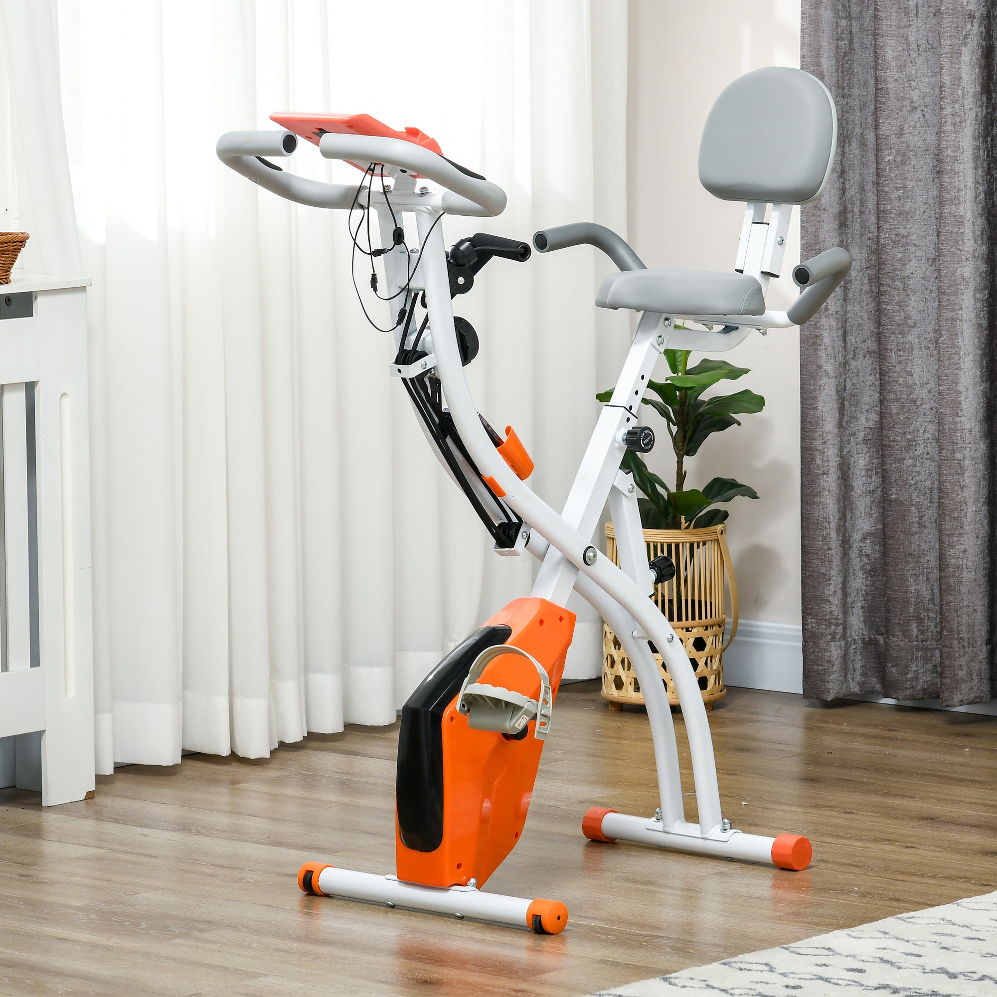 HOMCOM 2-in-1 Folding Exercise Bike with 8-Level Magnetic Resistance, Arm Resistance Band, Pulse Sensor, Orange - North Peak Garden Furniture