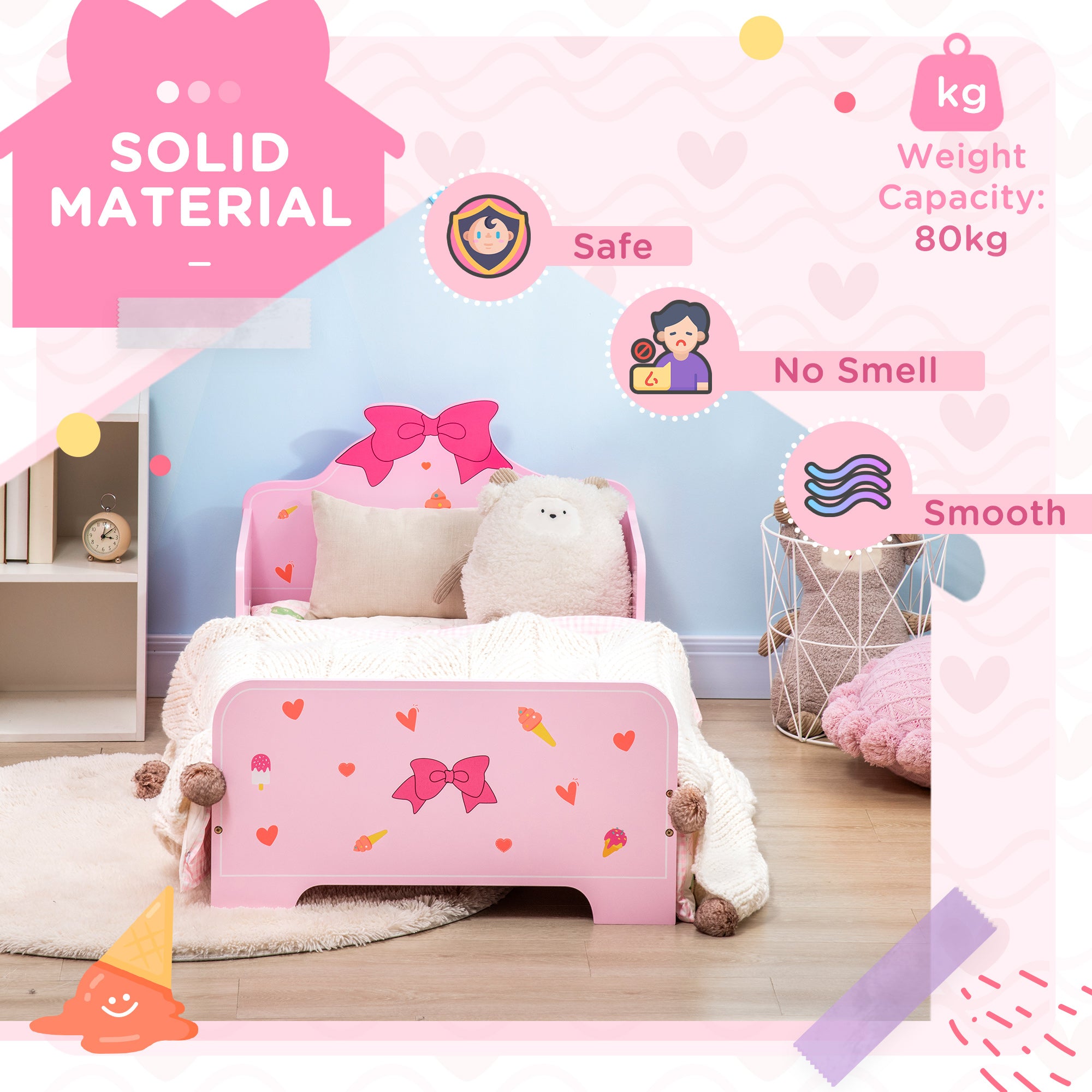 ZONEKIZ Princess-Themed Kids Toddler Bed w/ Cute Patterns, Safety Rails, for Ages 3-6 Years - Pink - North Peak Garden Furniture
