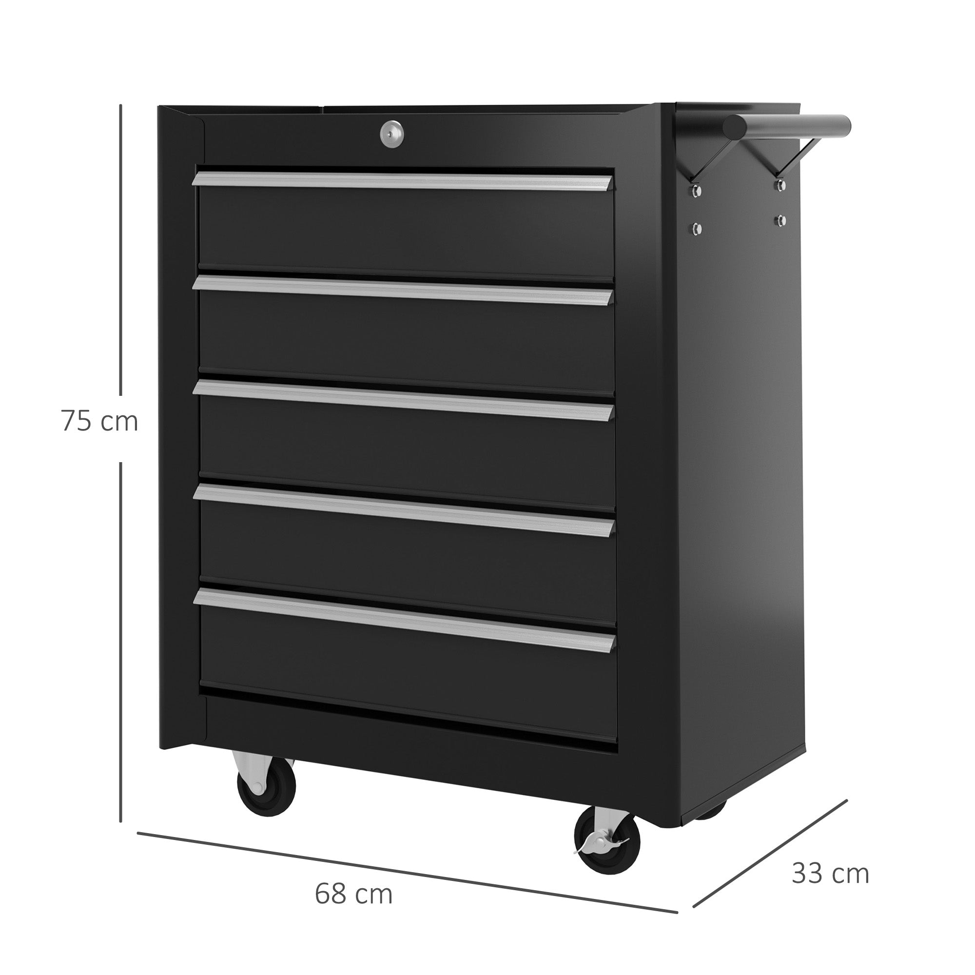 HOMCOM 5-Drawer Tool Chest with Wheels, Steel Lockable Tool Storage Cabinet with Handle, 2 Keys for Garage, Workshop, Black - North Peak Garden Furniture