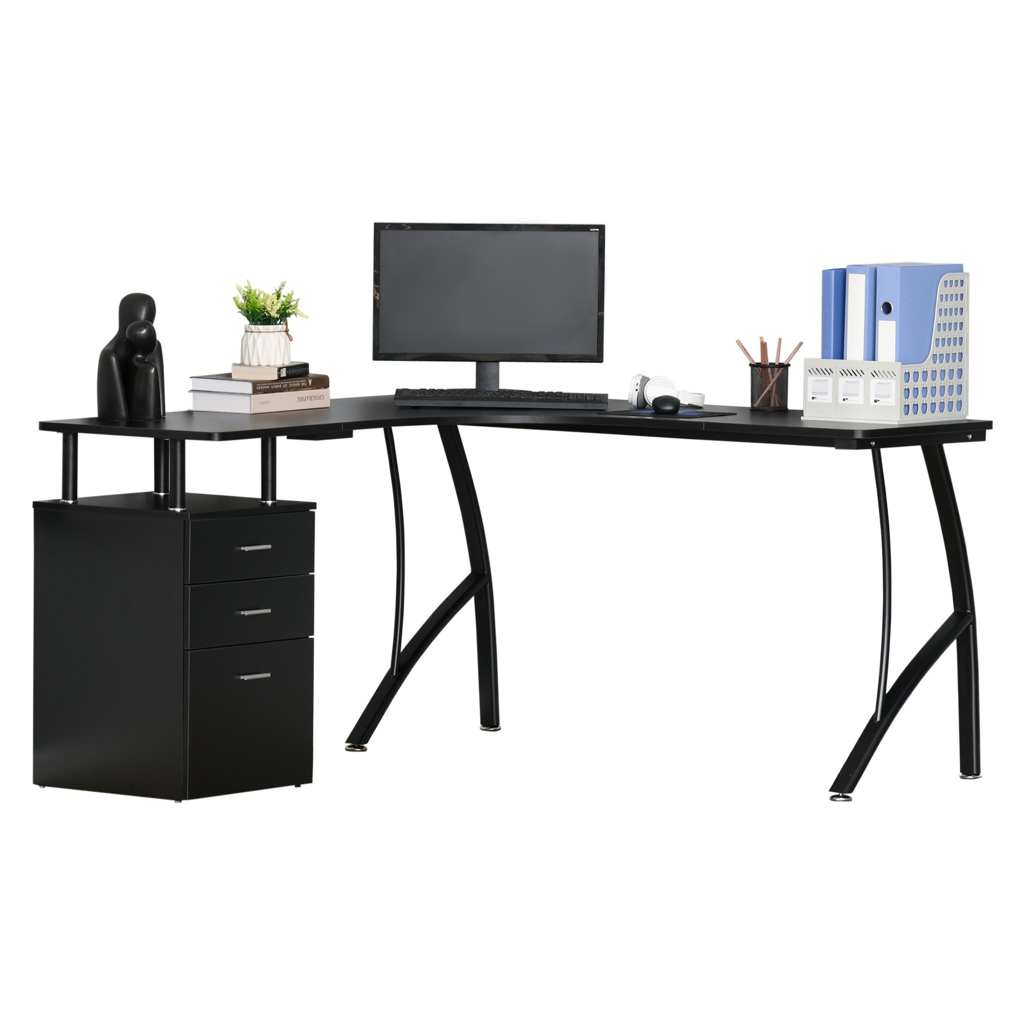 HOMCOM L-Shaped Computer Desk Table with Storage Drawer Home Office Corner Industrial Style Workstation for A4 Files 152 x 143.5 x 76cm, Black