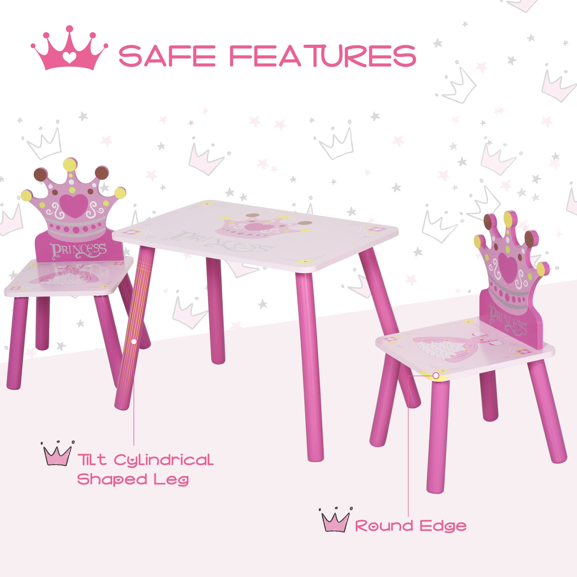 HOMCOM 3 Pcs Kids and Table Chair Set Princess & Crown Theme Home Furniture Pretty Gift 2-4 Years Pink