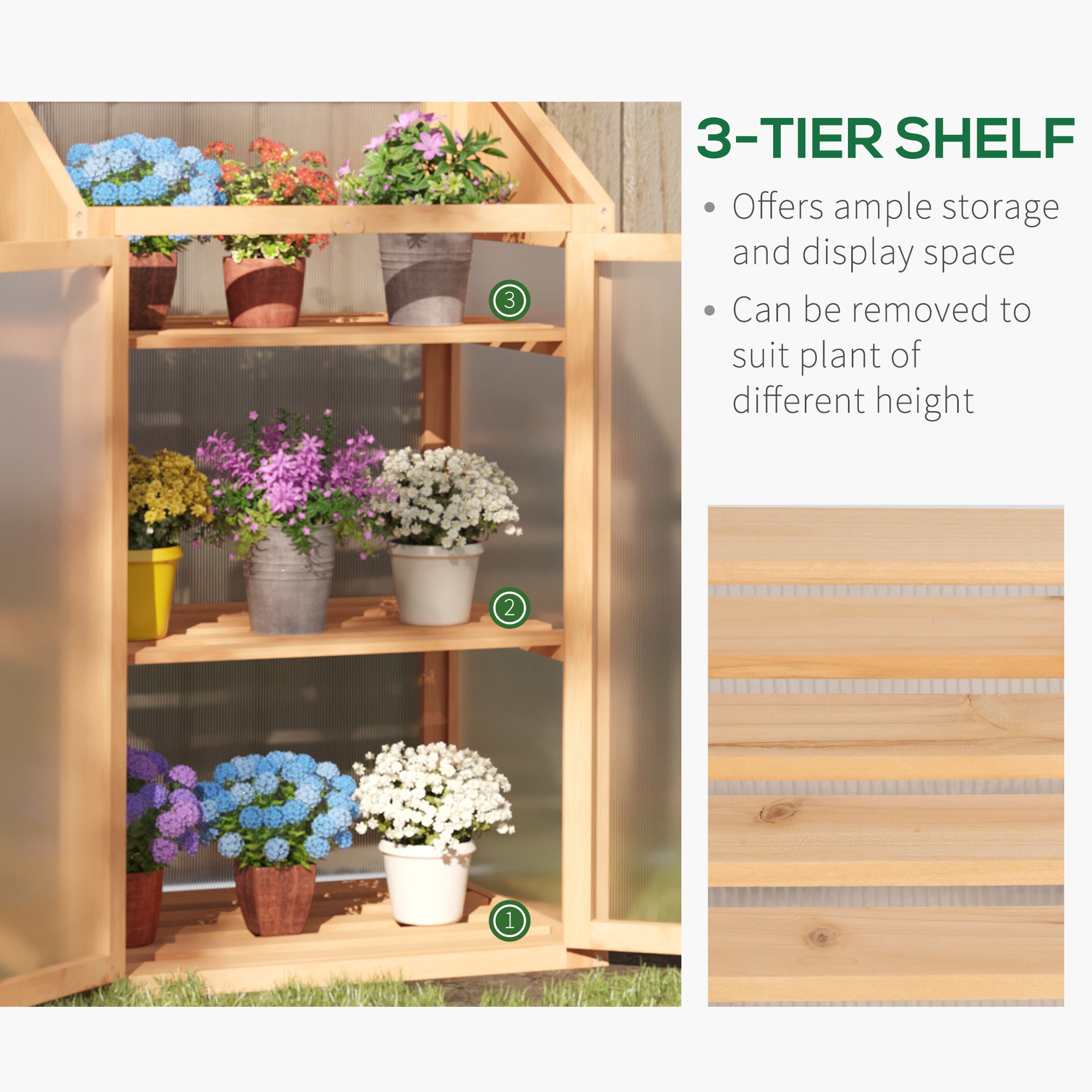 Outsunny Wooden Cold Frame Polycarbonate Greenhouse with Openable Top Cover and Double Door, Grow House for Flower, Vegetable and Plants, 70 x 50 x 120cm, Grey - North Peak Garden Furniture