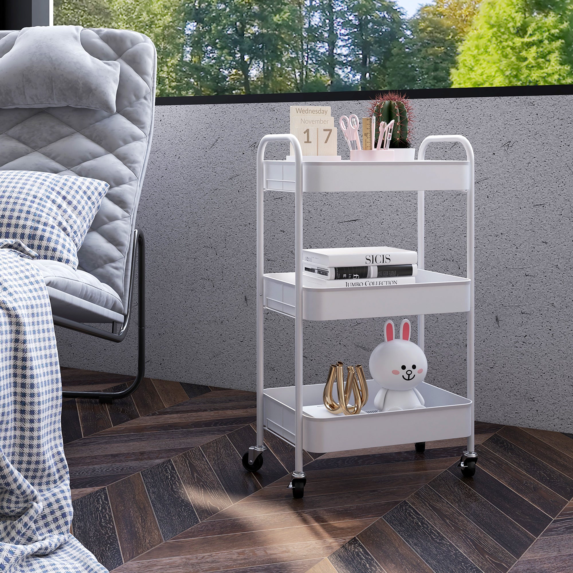 HOMCOM Three-Tier Steel Storage Trolley - White - North Peak Garden Furniture