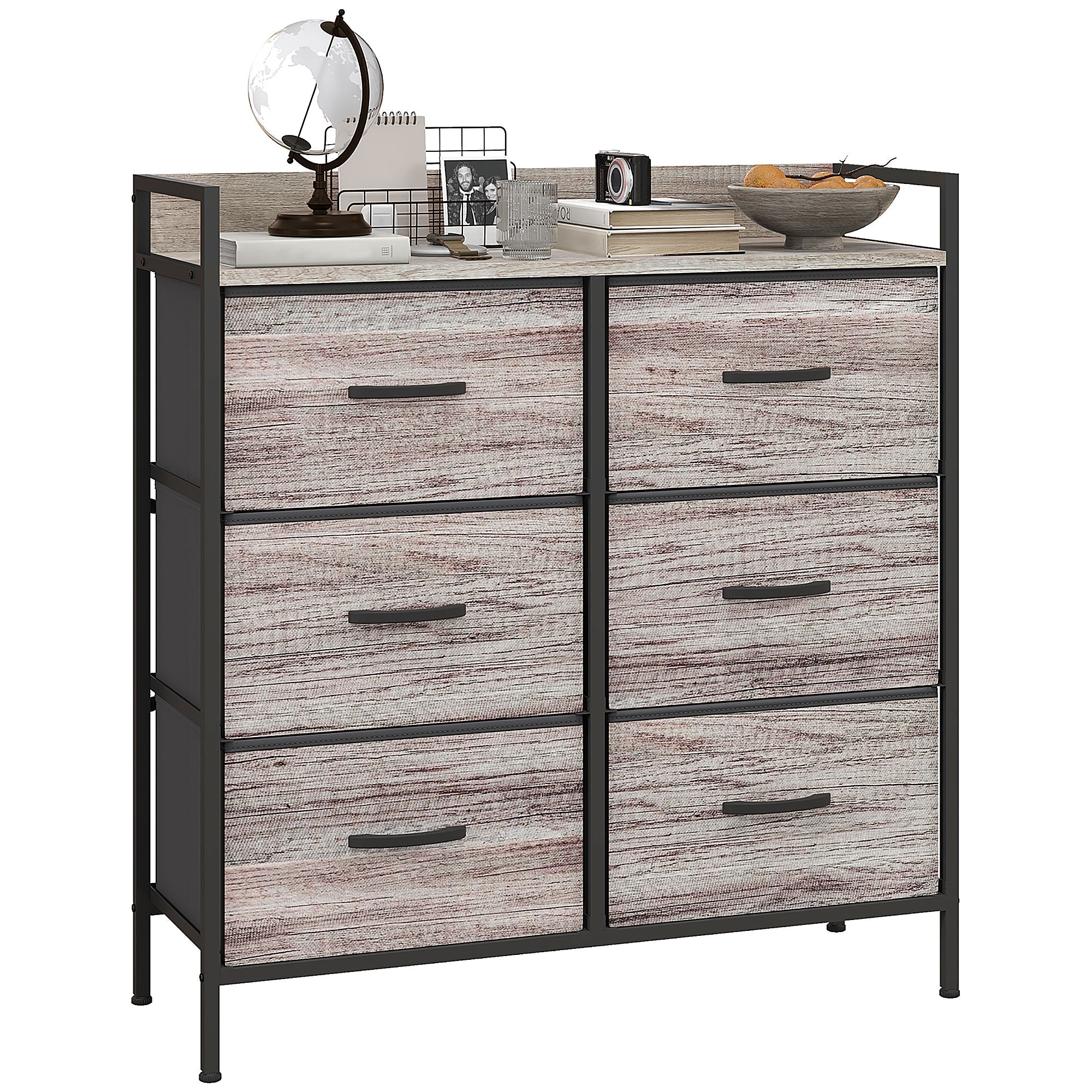 HOMCOM Rustic Chest of Six Fabric Drawers - Grey Wood Effect - North Peak Garden Furniture