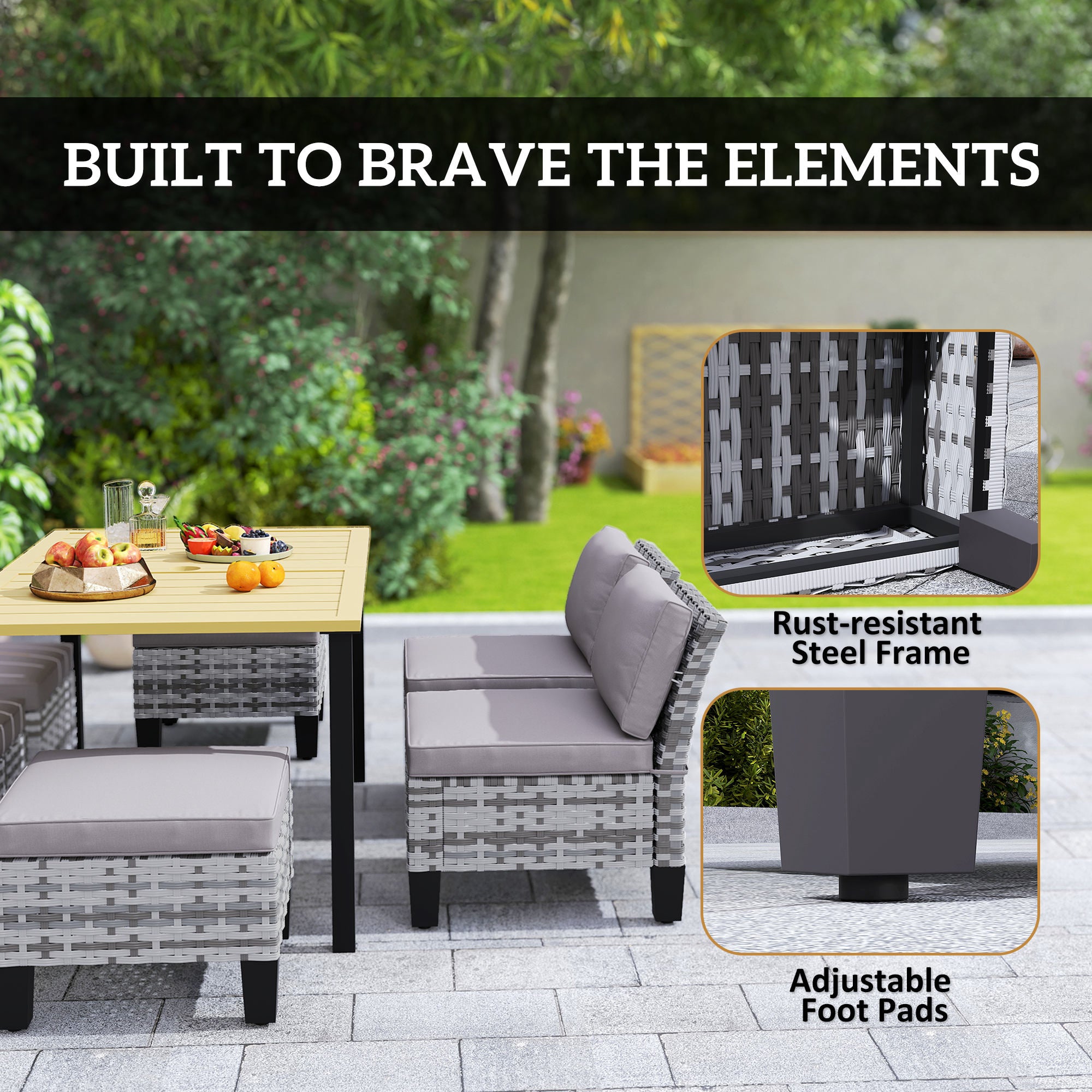 Outsunny 7-Piece Rattan Garden Dining Set, 6 Seater Wicker Garden Furniture Set with Seat and Back Cushions, Umbrella Hole, Patio Table and Chairs with Slatted Metal Top Table for Balcony, Grey - North Peak Garden Furniture