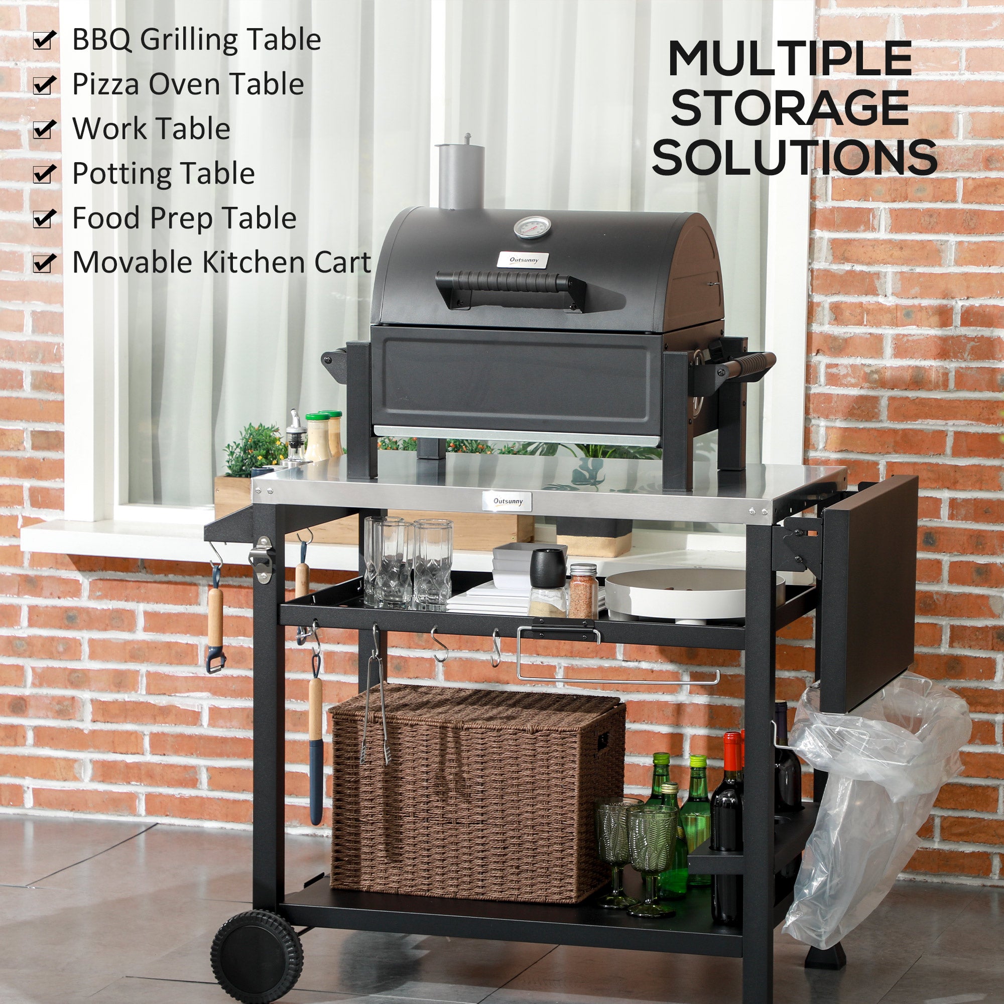 Outsunny Multi-Feature BBQ Grill Table, with Stainless Steel Top - Black - North Peak Garden Furniture