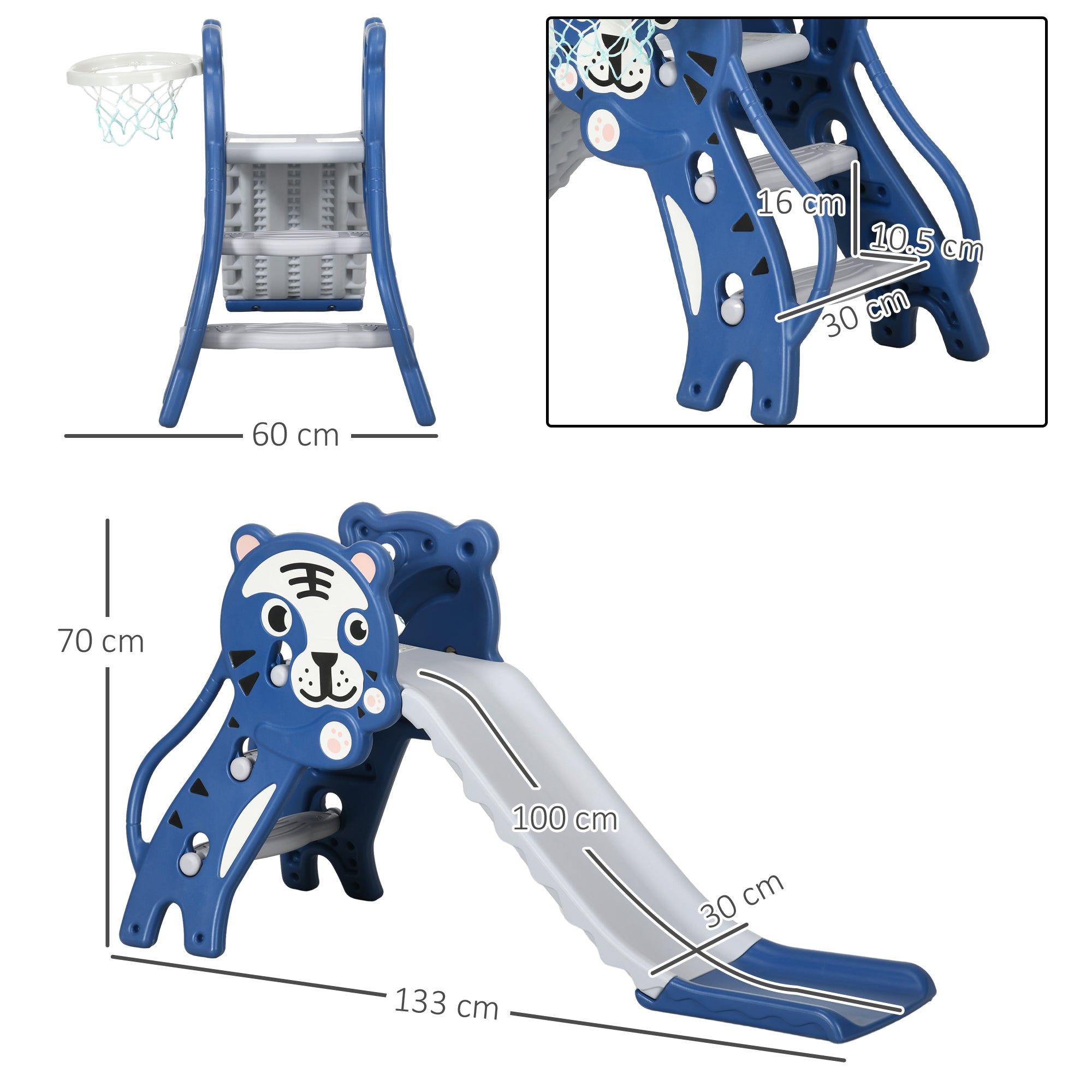 AIYAPLAY 2 in 1 Baby Slide for Indoor Use with Basketball Hoop, Basketball, for Ages 18-36 Months - Blue - North Peak Garden Furniture