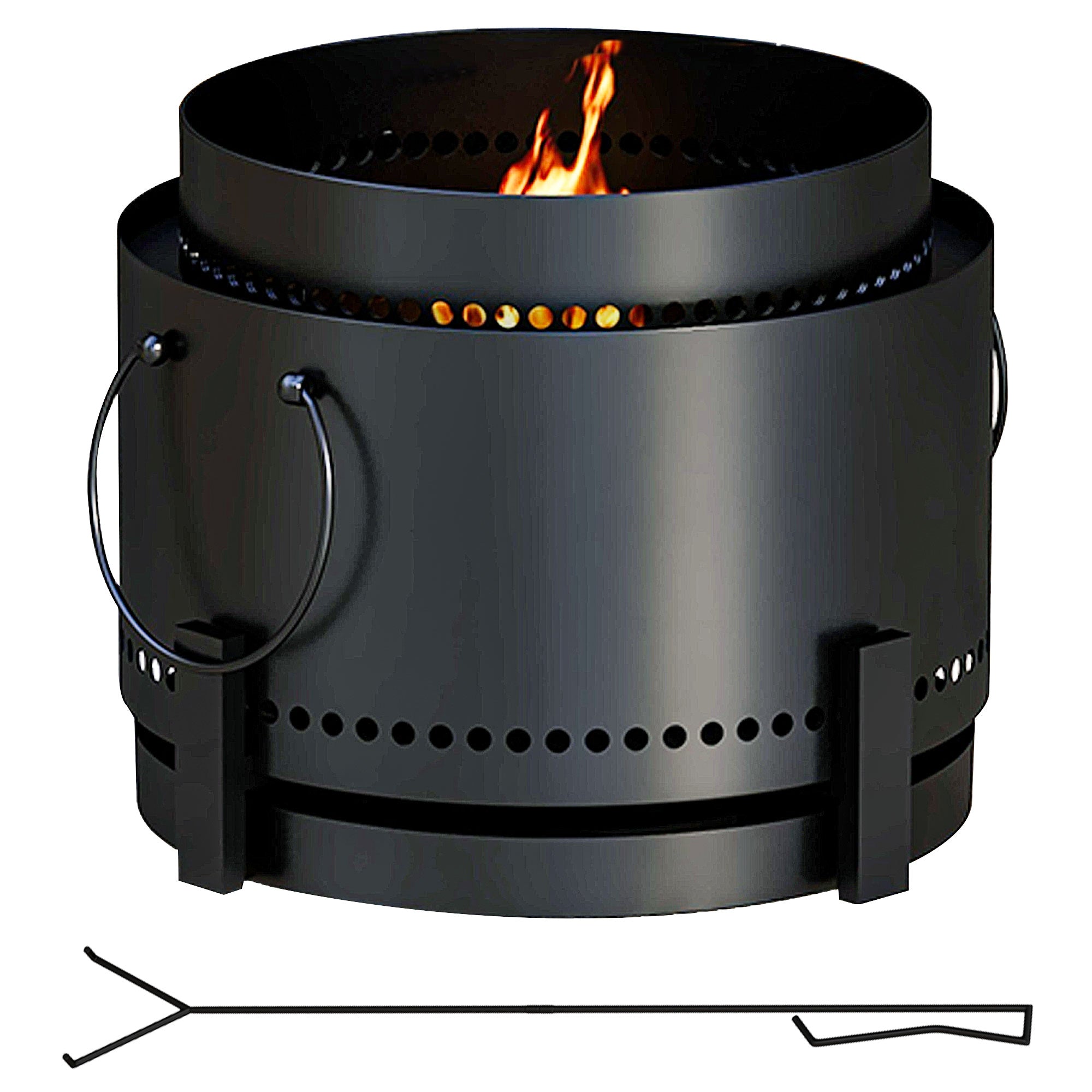 Outsunny Smokeless Fire Pit with Ash Catcher, 37cm Portable Wood Burning Firepit with Poker for Garden Camping Bonfire Party, Metal, Black - North Peak Garden Furniture