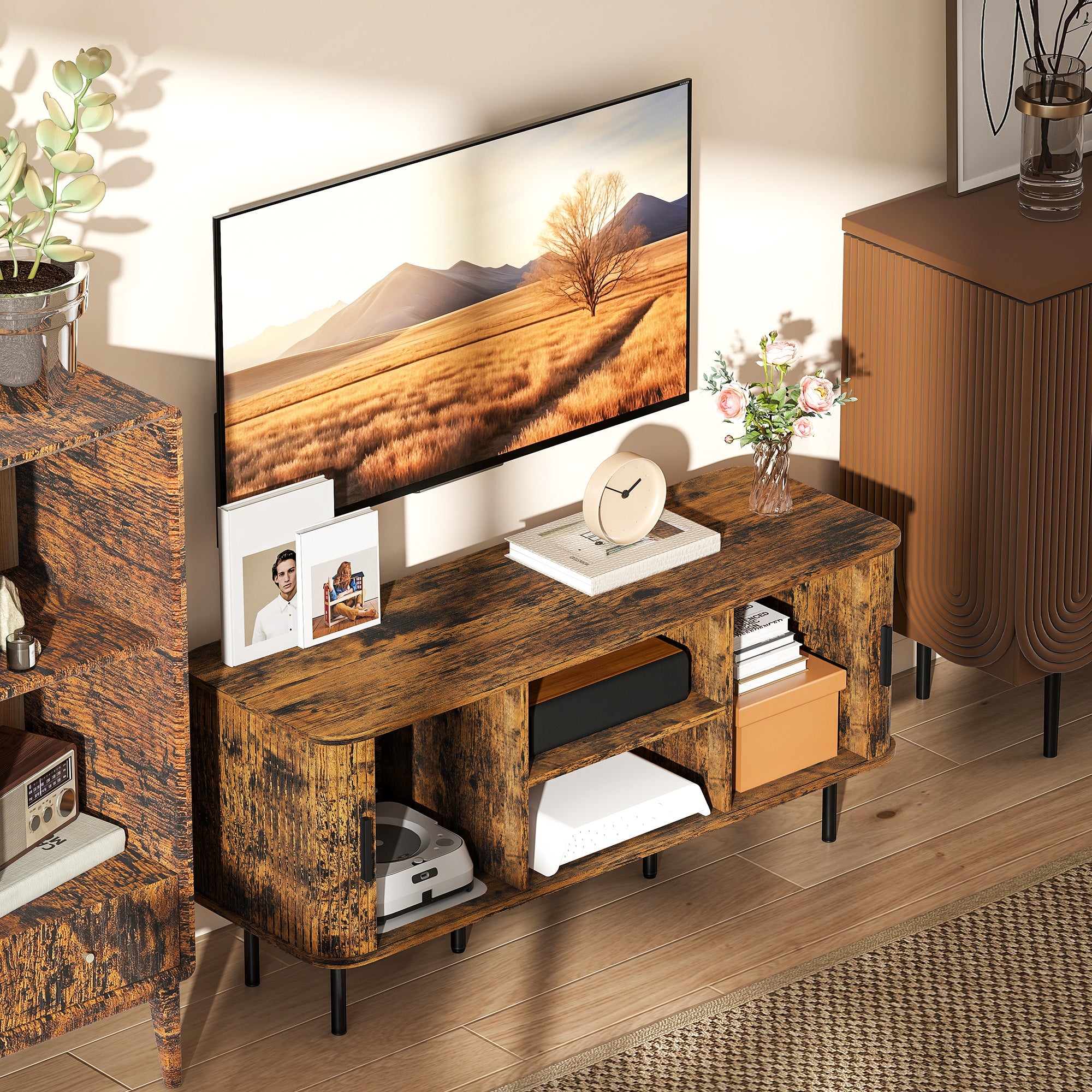 HOMCOM TV Stand Cabinet for TVs up to 55 Inches, TV Unit with Storage Shelves and Cupboard for Living Room, Rustic Brown