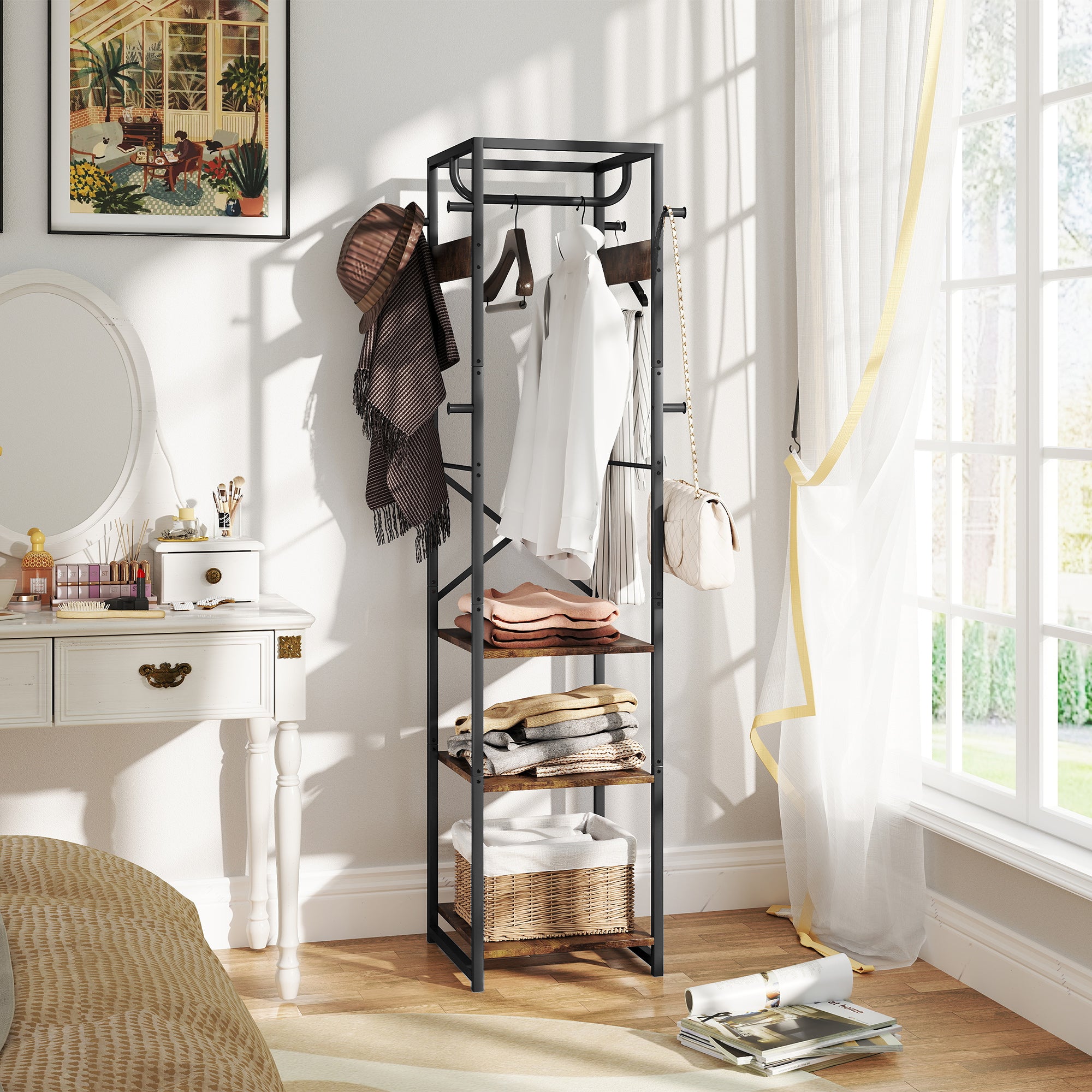HOMCOM Multi-Storage Clothes Rack - Brown/Black - North Peak Garden Furniture