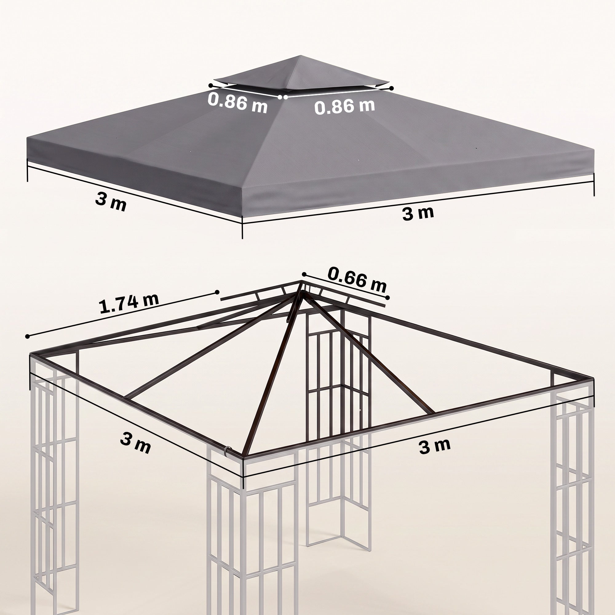 Outsunny 3(m) Gazebo Top Cover Double Tier Canopy Replacement Pavilion Roof Deep Grey