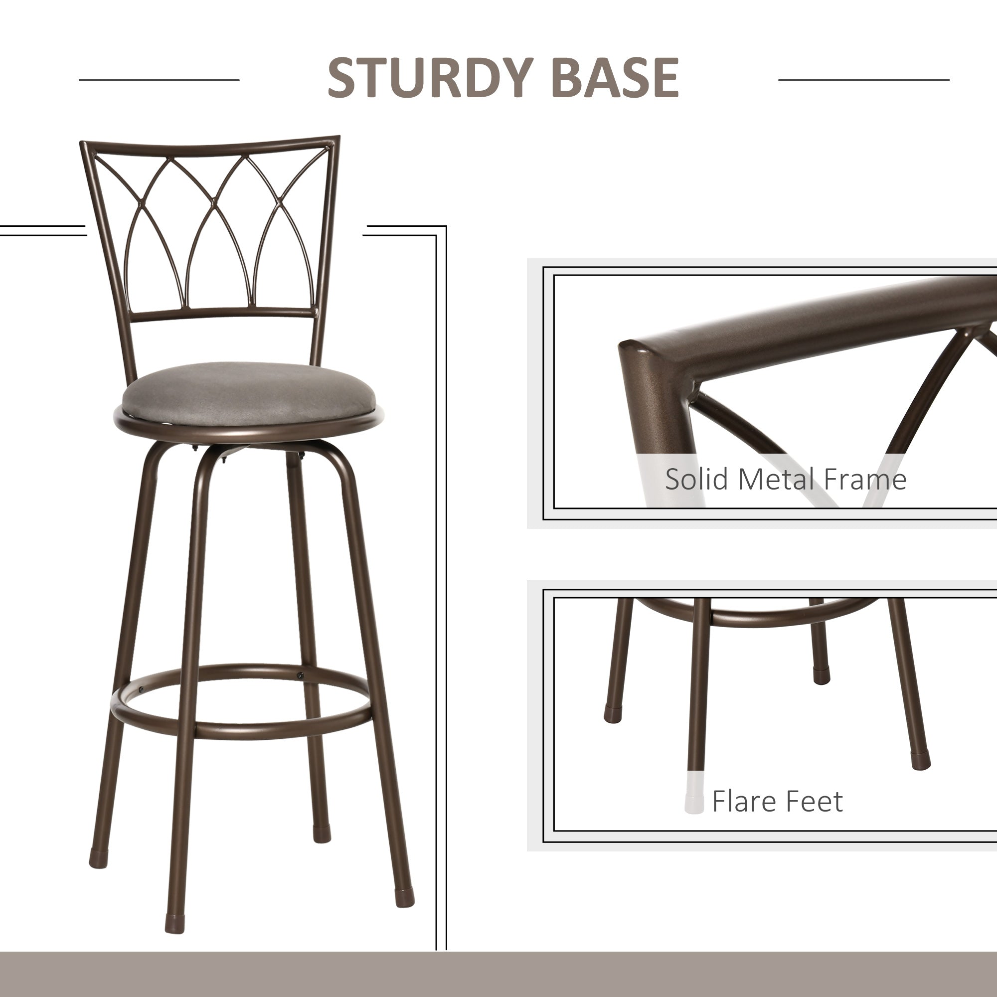 HOMCOM Set of 2 Bar Chairs Swivel Armless Upholstered Metal Frame Barstools with Backrest & Footrest, Bronze - North Peak Garden Furniture
