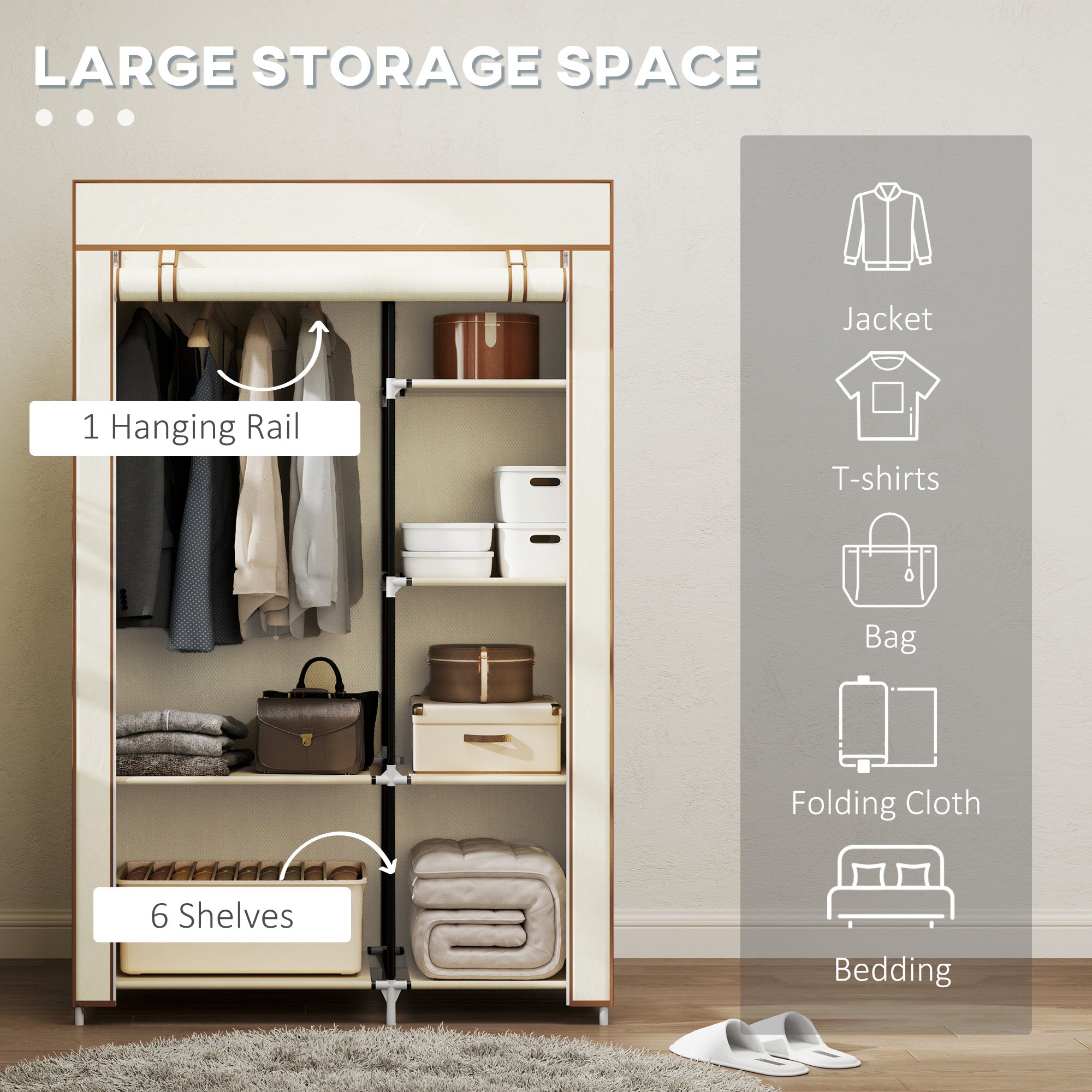 HOMCOM Fabric Wardrobe, Portable Wardrobe with 6 Shelves, 1 Hanging Rail, Foldable Closets, 103 x 43 x 162.5 cm, Cream White - North Peak Garden Furniture