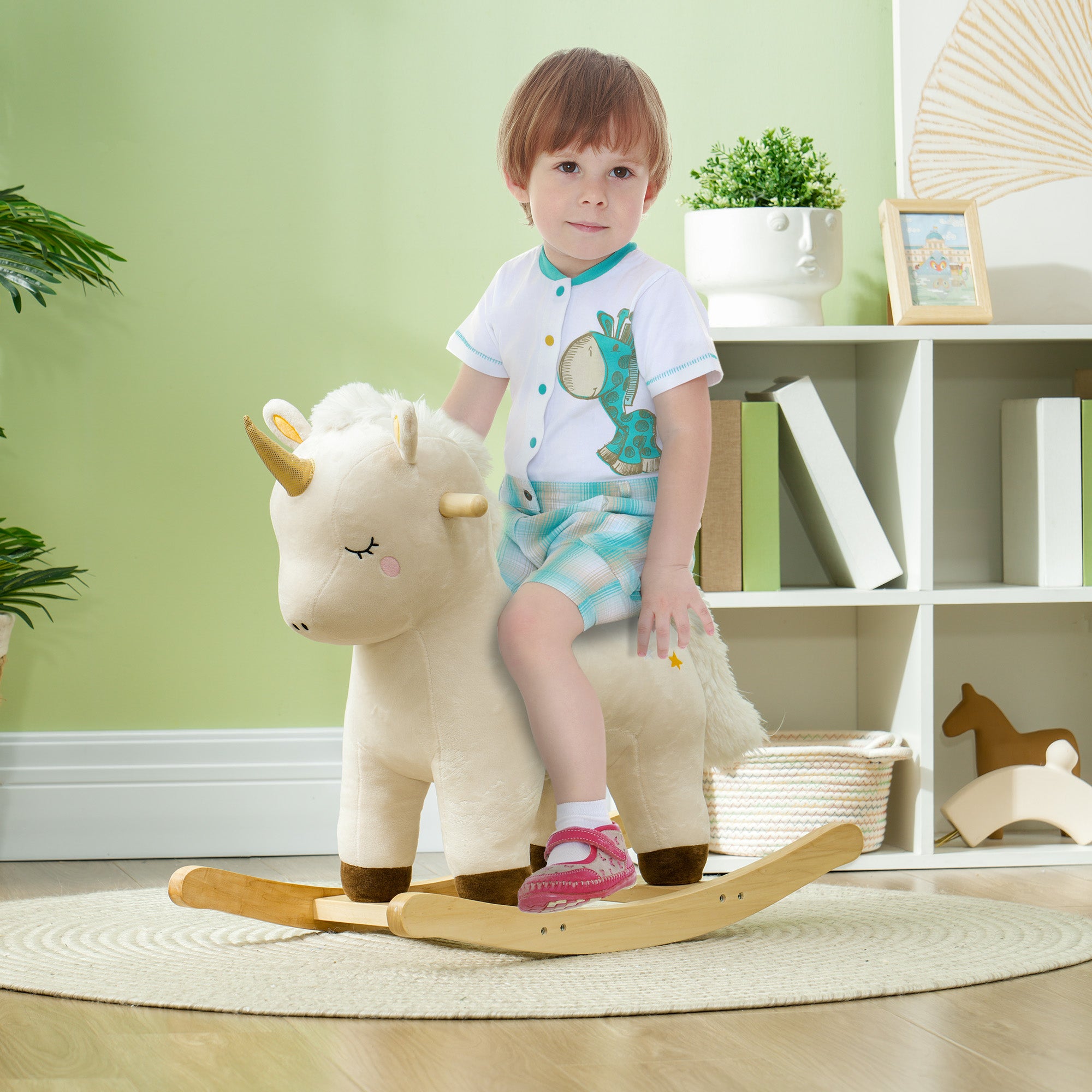 AIYAPLAY Rocking Horse with Unicorn Design, Sounds, for Ages 2-4 Years, White - North Peak Garden Furniture