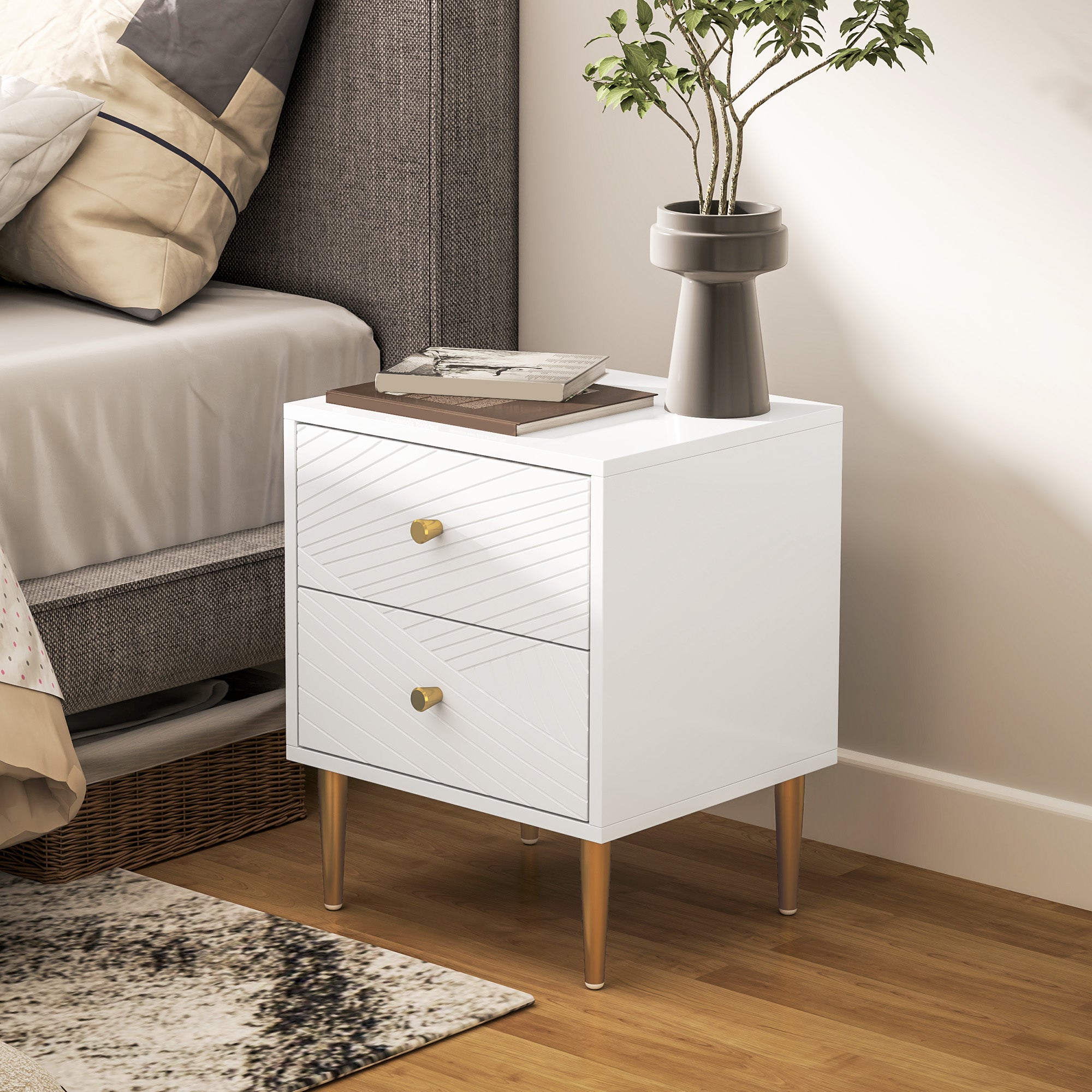 HOMCOM Elegant Two-Drawer Bedside Table - White/Gold-Tone - North Peak Garden Furniture