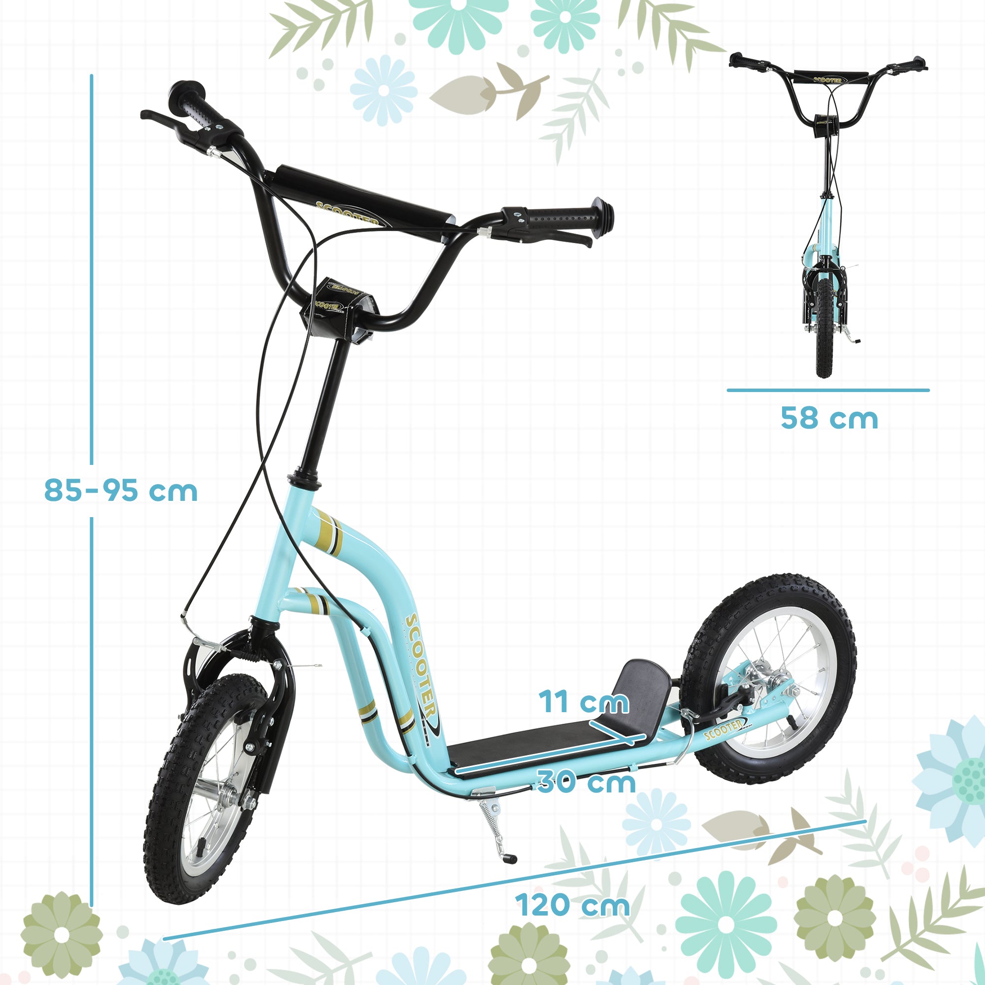 HOMCOM Teen Kids Stunt Scooter w/ Adjustable Handlebar, 12 Inch Rubber Tyres, Dual Brakes, Blue - North Peak Garden Furniture
