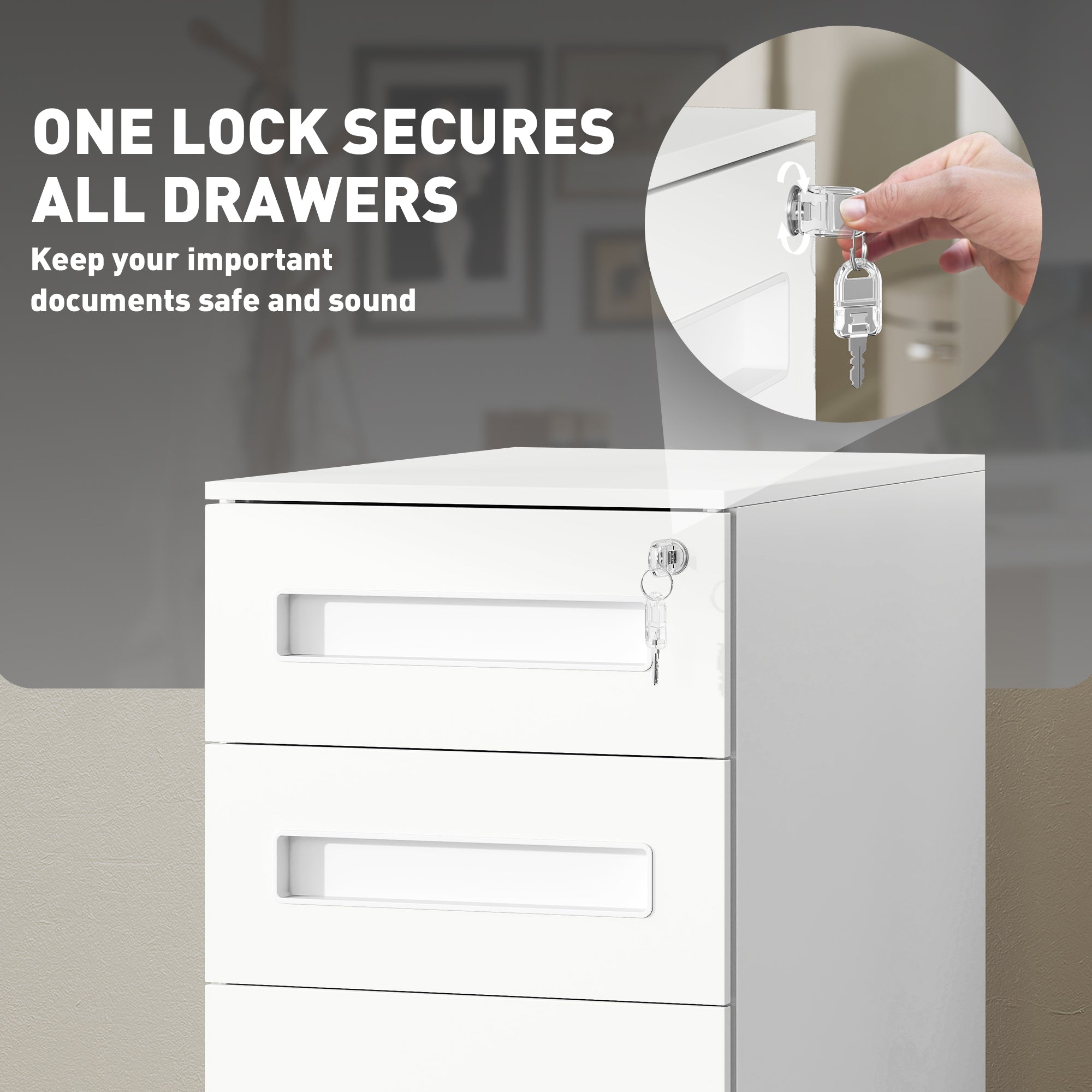 Vinsetto Metal Mobile File Cabinet with Wheels, Lockable 3 Drawer Filing Cabinet for A4, Legal, Letter, Compact Under Desk Storage Unit with Pre-Assembled Body for Home Office, 30 x 43.5 x 60cm, White - North Peak Garden Furniture