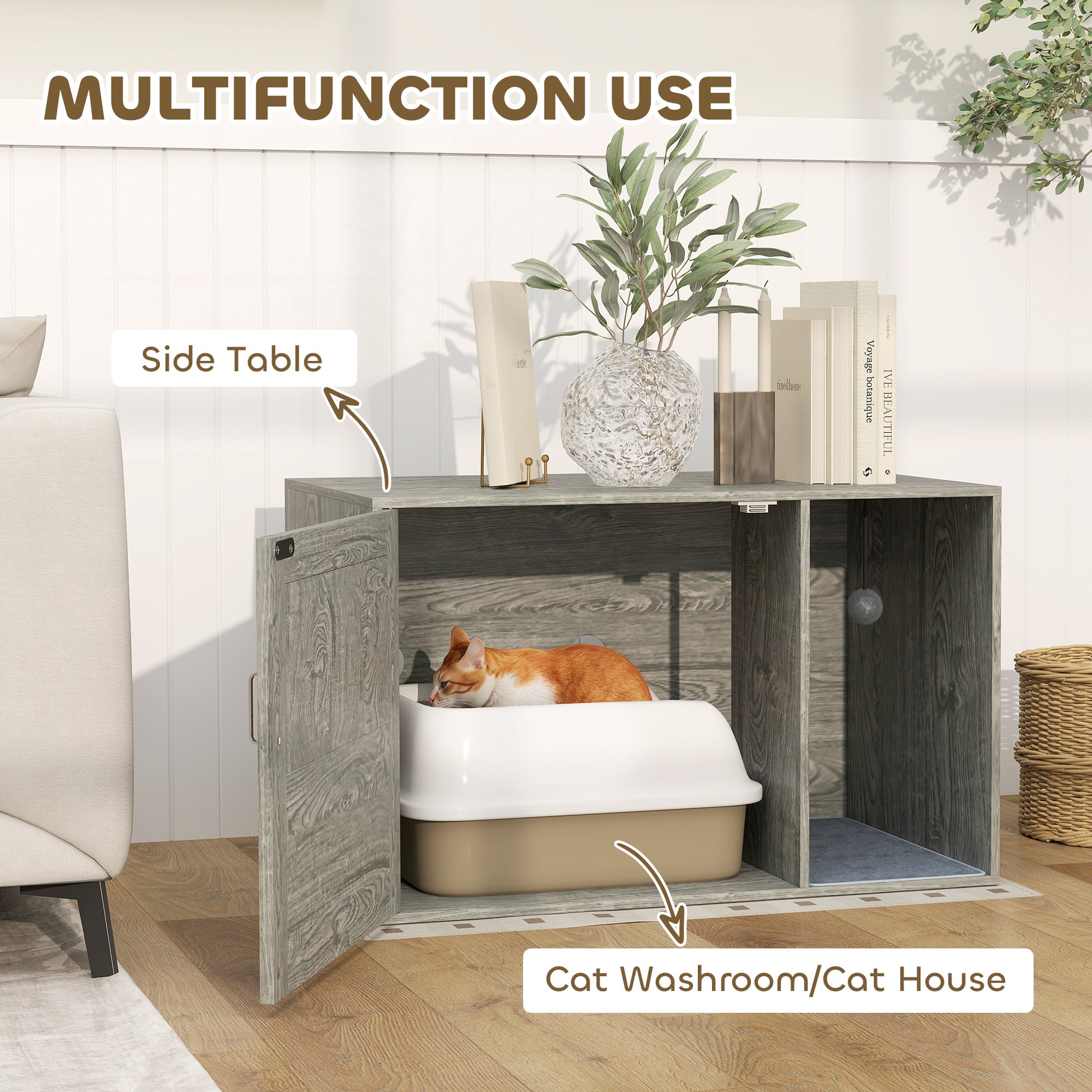 PawHut Boho Style Cat Litter Box Enclosure with Rattan Door, Scratching Mat, Toy Ball, Non-slip Foot Pads, 80 x 50 x 50cm, Grey - North Peak Garden Furniture