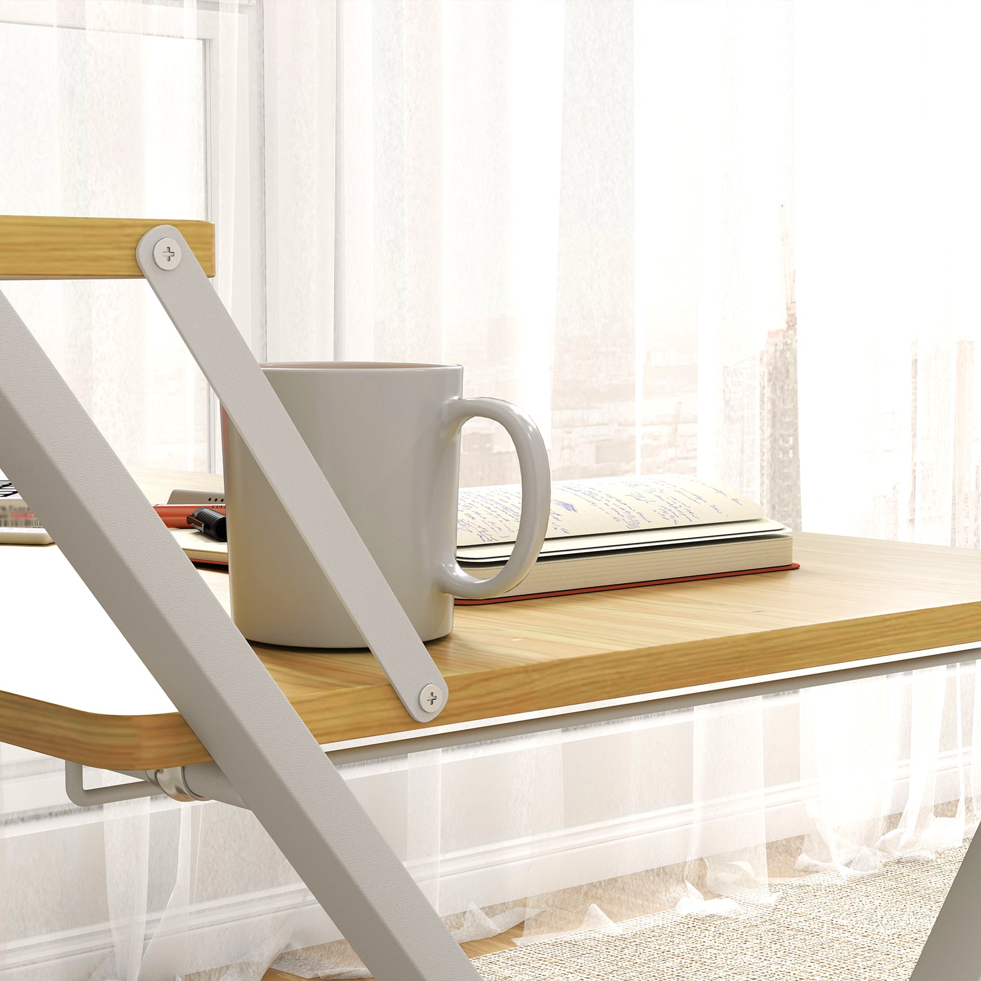HOMCOM Compact Folding Desk for Small Spaces, Foldable Computer Desk with Storage Shelf for Home Office, 2-Tier Study Writing Table, 86 x 66 x 82 cm, Maple Wood-effect - North Peak Garden Furniture