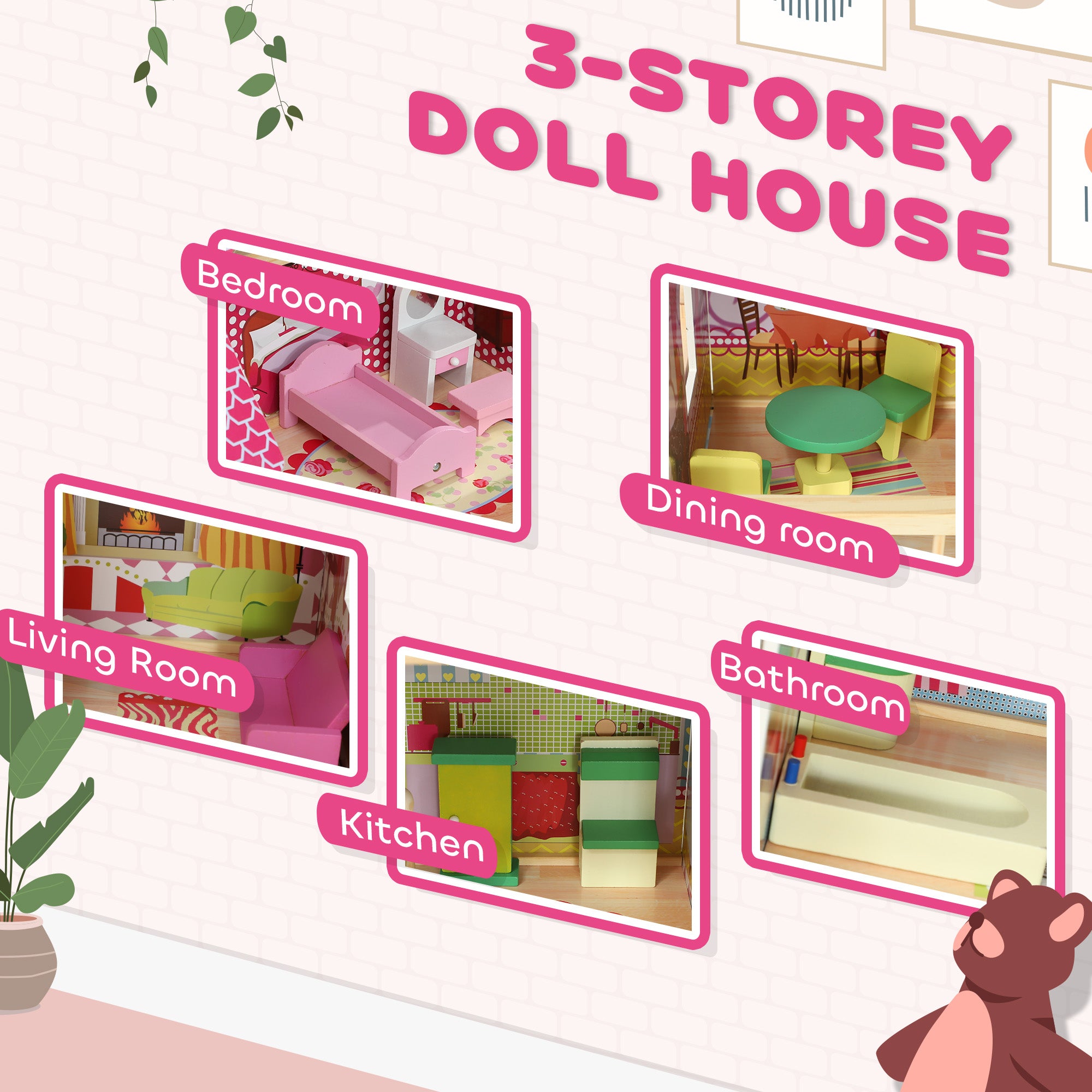 AIYAPLAY 3 Storey Dolls House Play Set with 13 Pieces Wooden Furniture and Accessories for 3-6 Years