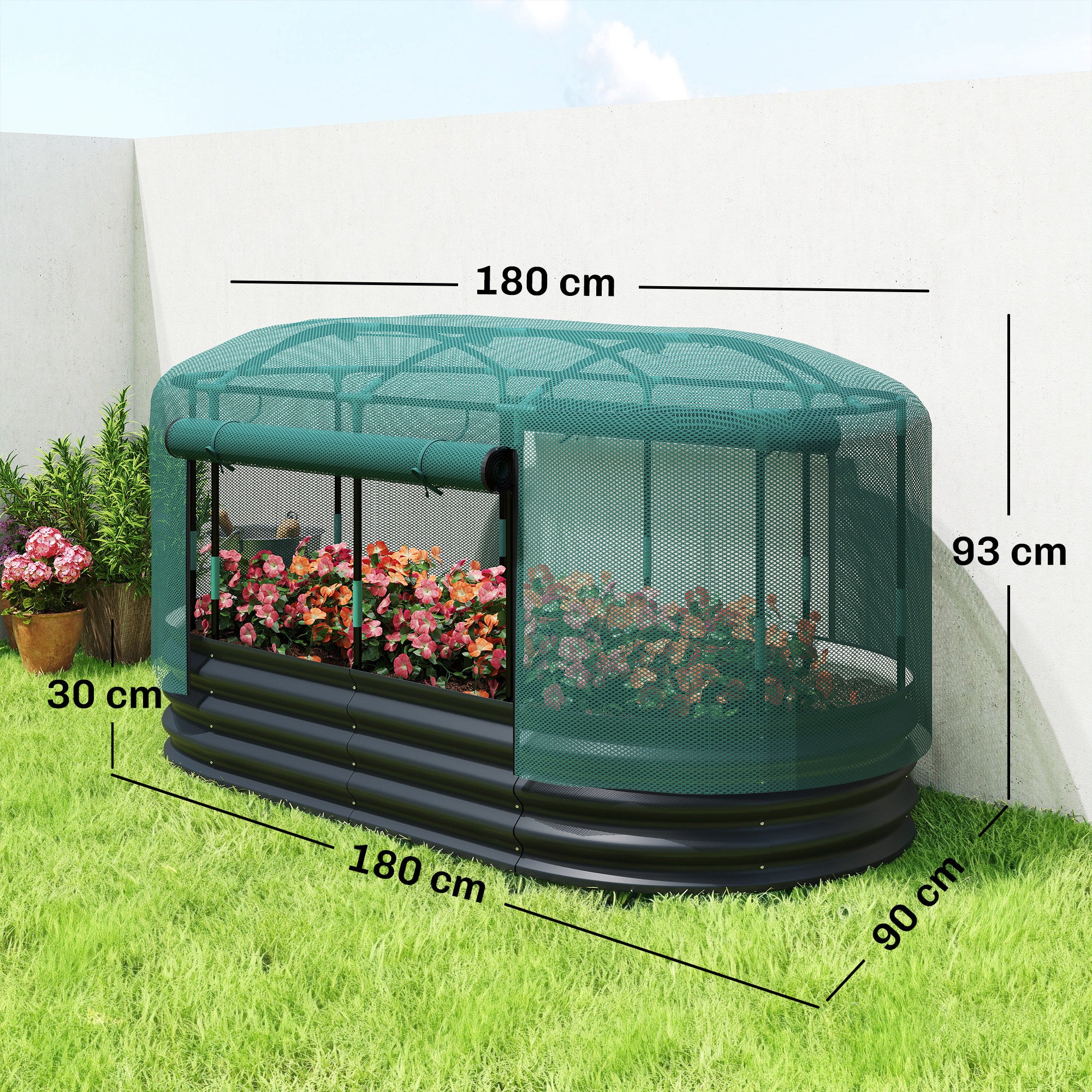 Outsunny Galvanised Raised Garden Bed Kit with Self Watering System and Mesh Cover, Garden Boxes, 6x3Ft, Dark Grey and Green