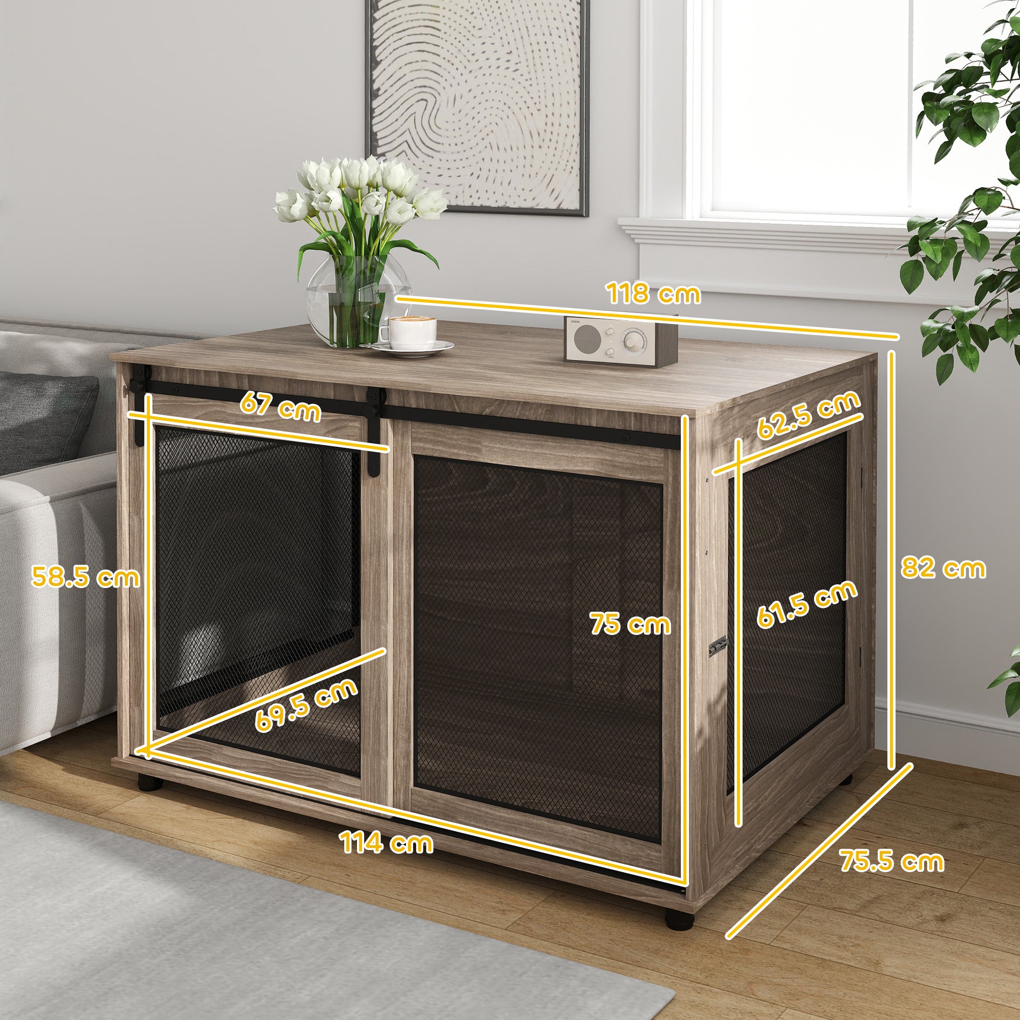 PawHut Dog Crate Furniture with Sliding Door for Extra Large Dogs, 118 x 75.5 x 82cm, Walnut Brown - North Peak Garden Furniture