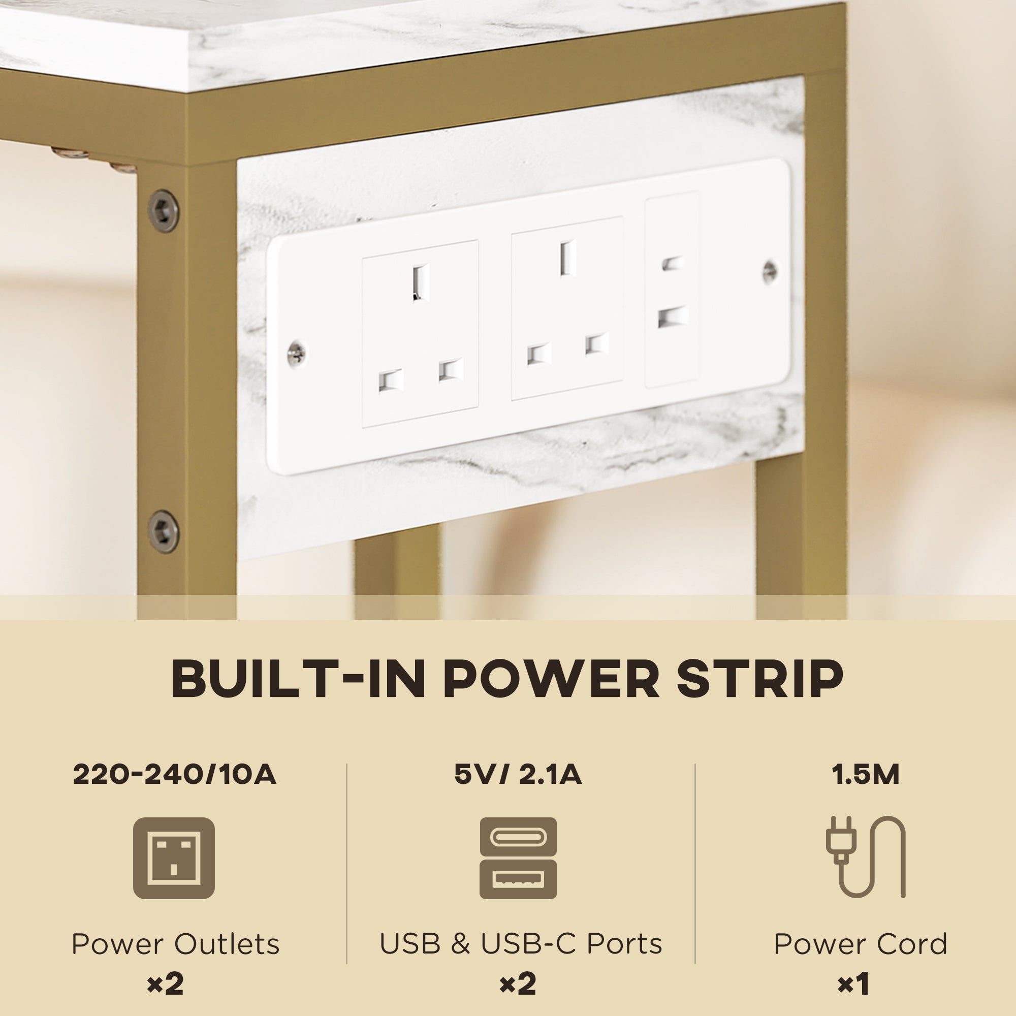 HOMCOM C Shaped Side Table with Charging Station and Faux Marble Top - White - North Peak Garden Furniture