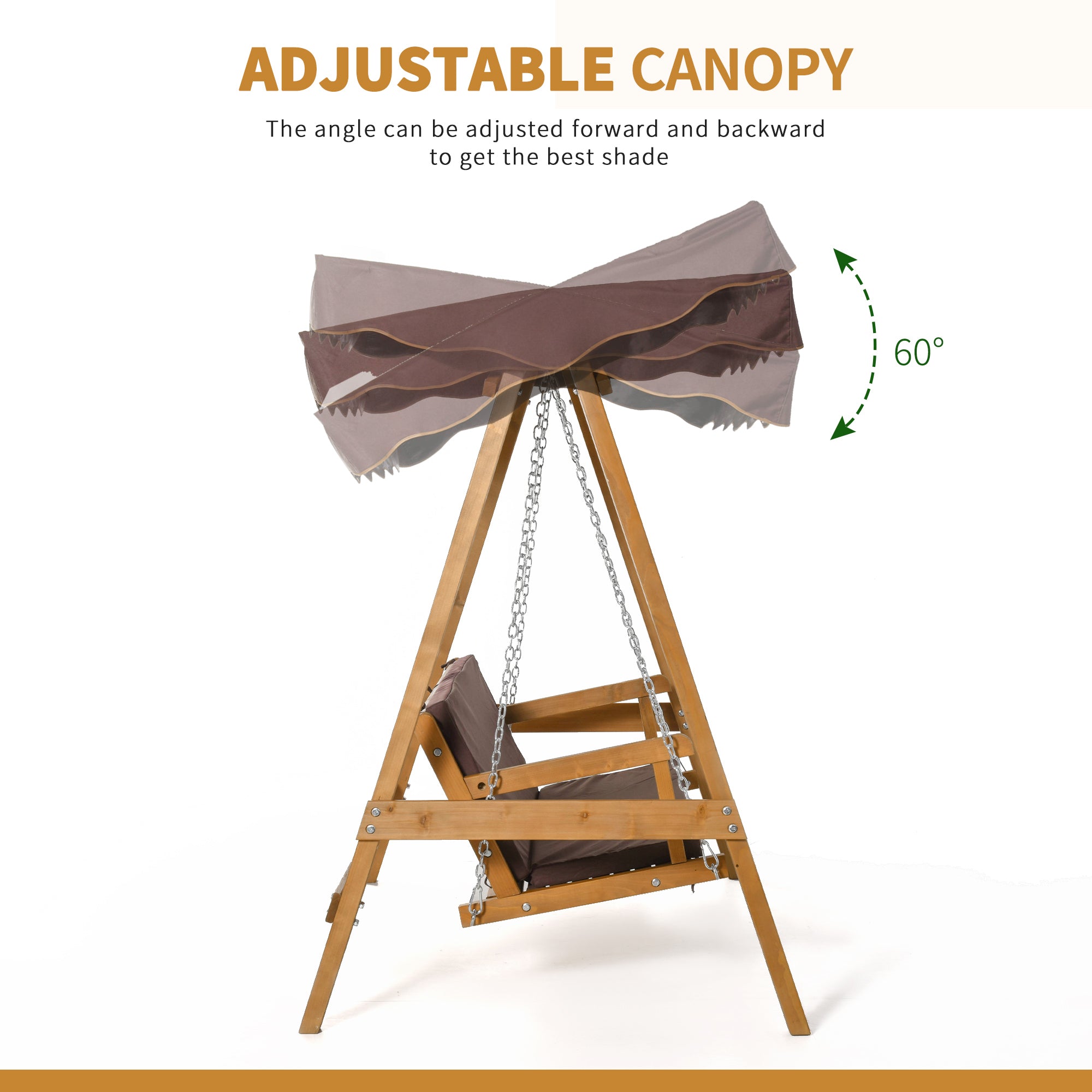 Outsunny 3 Seater Garden Swing Seat Outdoor Swing Chair with Adjustable Canopy, Wooden Hammock Bench with Padded Cushions for Patio Yard, Brown - North Peak Garden Furniture