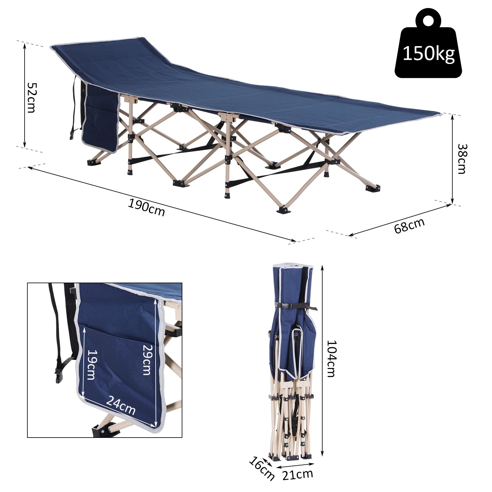 Outsunny Single Person Camping Bed Folding Cot Outdoor Patio Portable Military Sleeping Bed Travel Guest Leisure Fishing with Side Pocket and Carry Bag - Blue - North Peak Garden Furniture