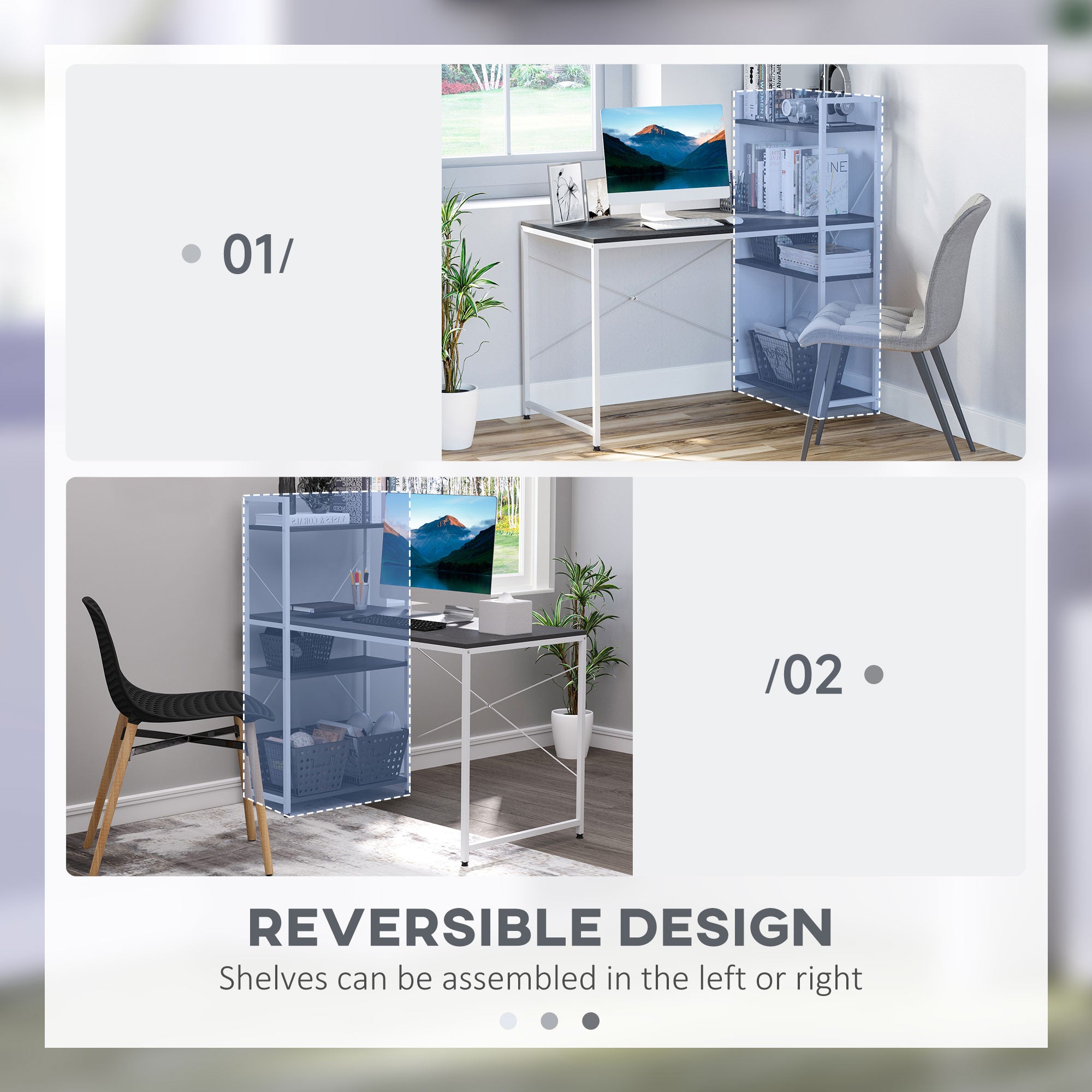 HOMCOM Computer Desk with Storage Shelves on Left or Right, Industrial Reversible Writing Desk for Home Office, Study, Easy Assembly, 120 x 64 x 121cm, Black and White - North Peak Garden Furniture