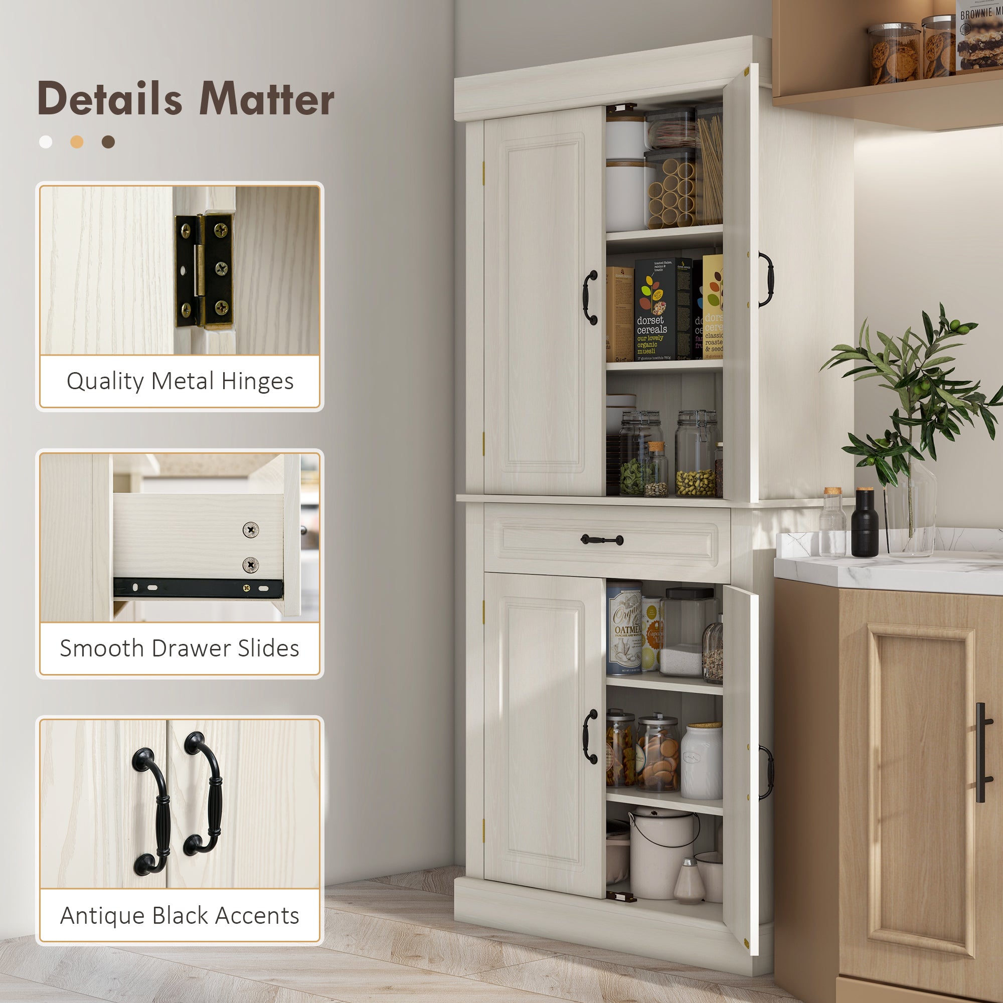 HOMCOM Kitchen Cupboard with 4 Doors, Freestanding Storage Cabinet with Wide Drawer and Shelves for Living Room, 180cm, White Wood Grain - North Peak Garden Furniture