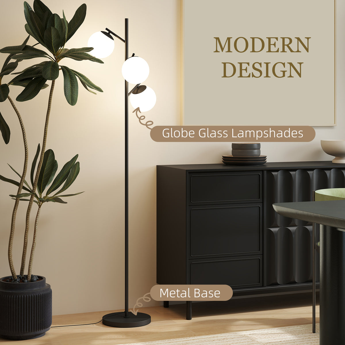 HOMCOM 3-Light Tree Floor Lamps for Living Room, Modern Standing Lamp for Bedroom with Globe Lampshade, Steel Base, Bulb not Included, Black