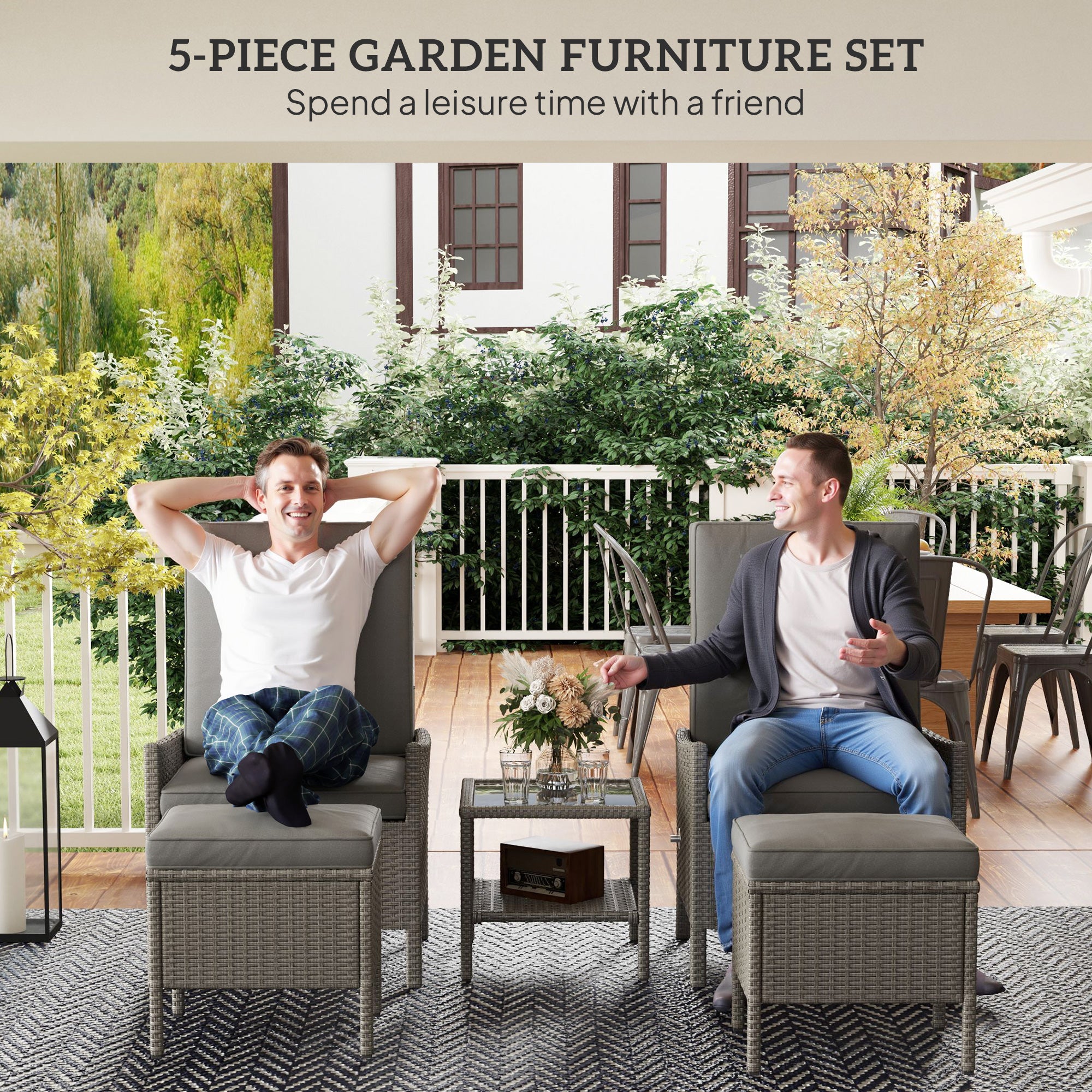Outsunny 5 Piece Rattan Garden Furniture Set, Wicker Patio Sofa Set with 2 Armchairs, 2 Footstools, Glass Top Coffee Table with Shelf, Outdoor Furniture with Adjustable Backrests, Cushions, Dark Grey - North Peak Garden Furniture
