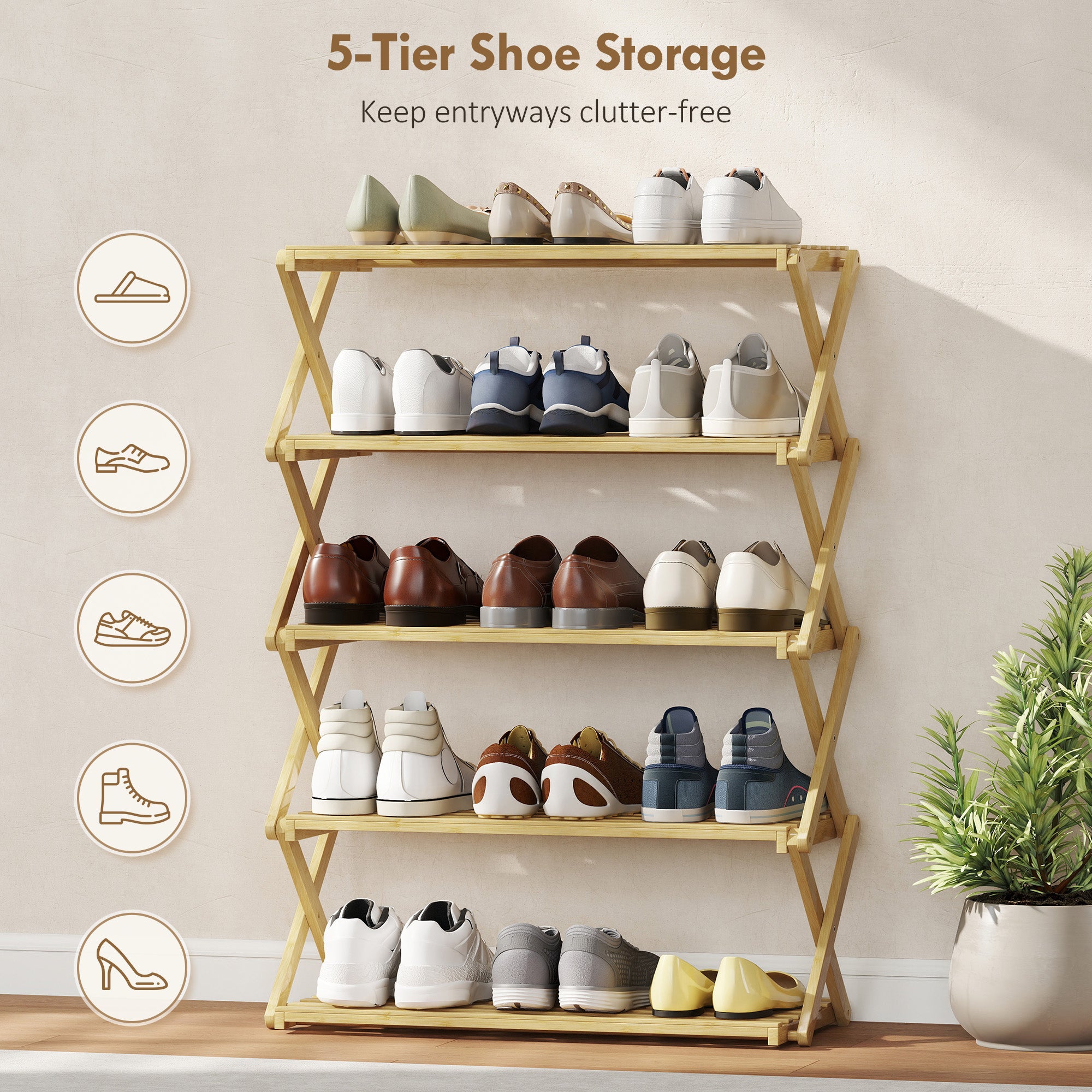 HOMCOM Five-Tier Folding Bamboo Shoe Rack - Natural Finish